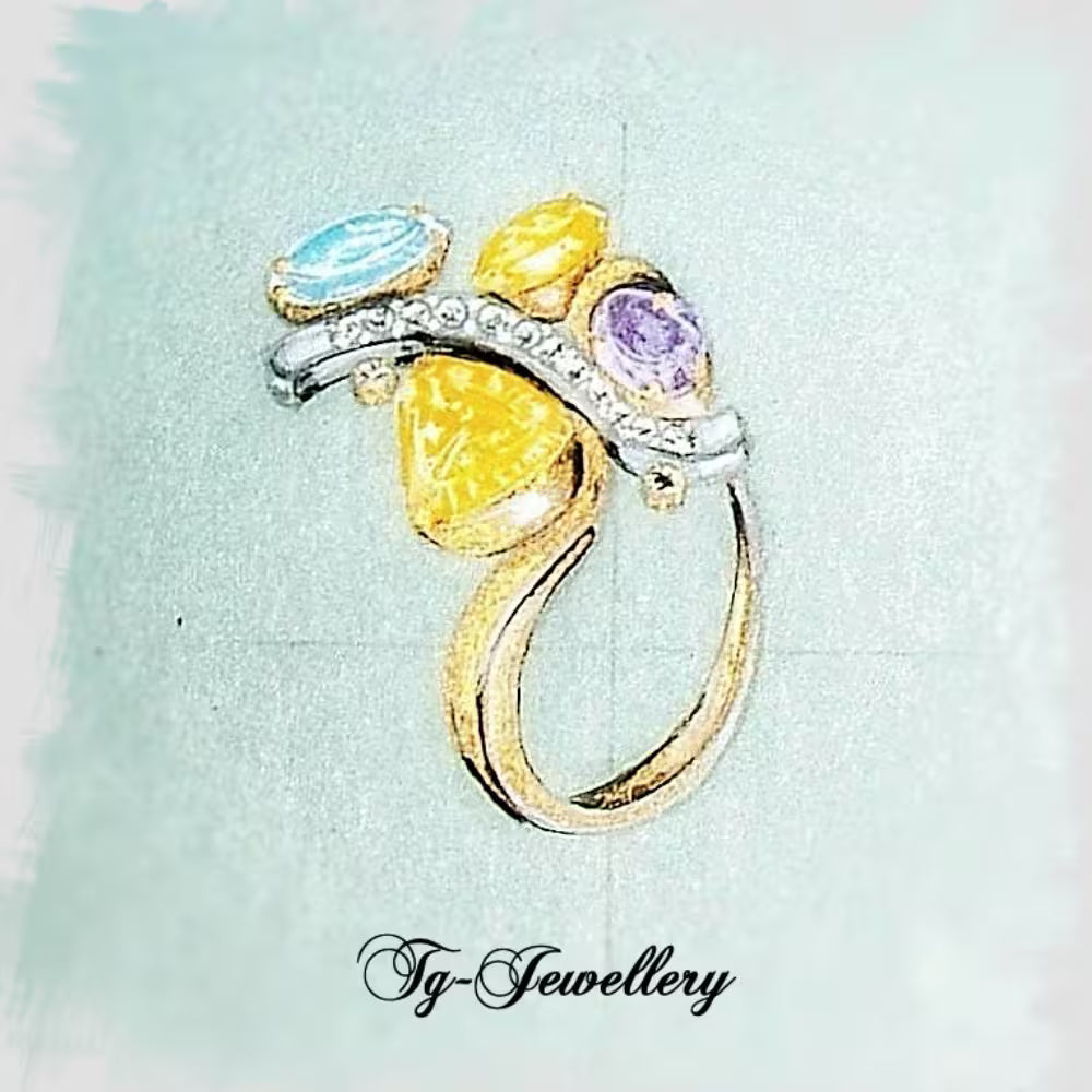 A hand-drawn style illustration of a gold ring with yellow, light blue, and purple gemstones Tg-Jewellery