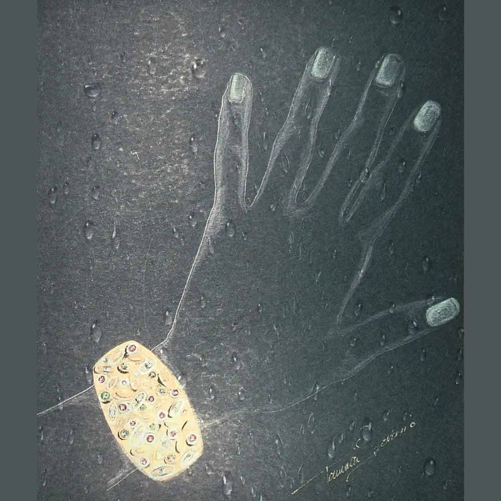 Sketch painting featuring a gold bangle with mix gemstones designed by Tamara Gervasio 