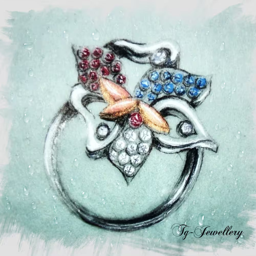 A hand-drawn sketch of a ring featuring a white and rose gold-toned band and a decorative flower top with mix gemstone Tg-Jewellery