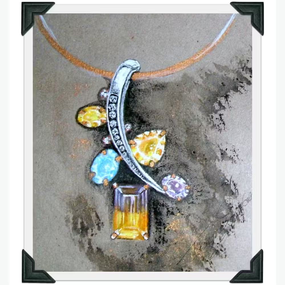 Sketch white gold pendant necklace with multiple colored gemstones, including citrine , aquamarine, amethyst, and diamonds, Tg-Jewellery.
