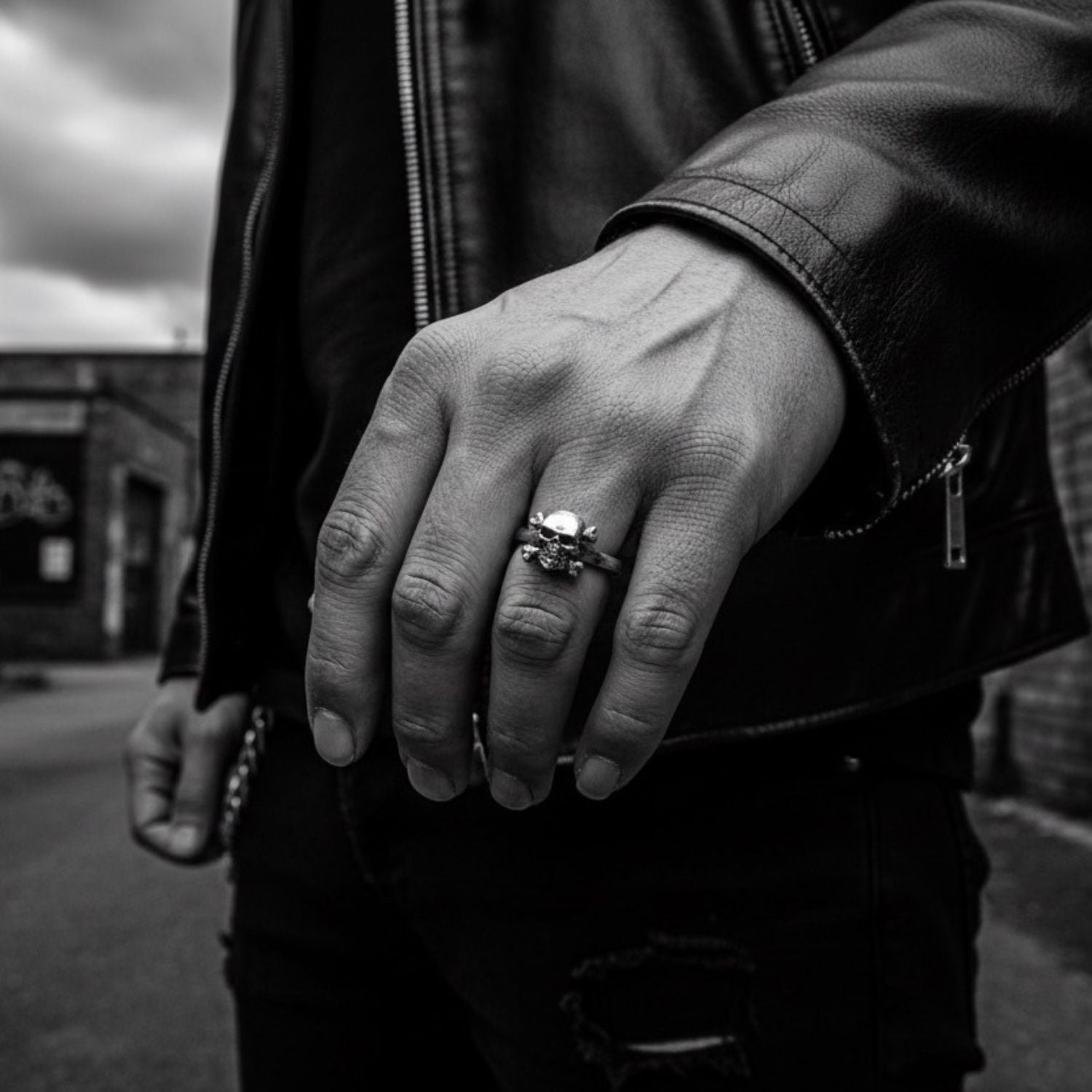 Recycled sterling silver 925 skull band ring worn – oxidised finish, gothic everyday ring handcrafted in Cornwall by Tamara Gervasio, Tg-Jewellery