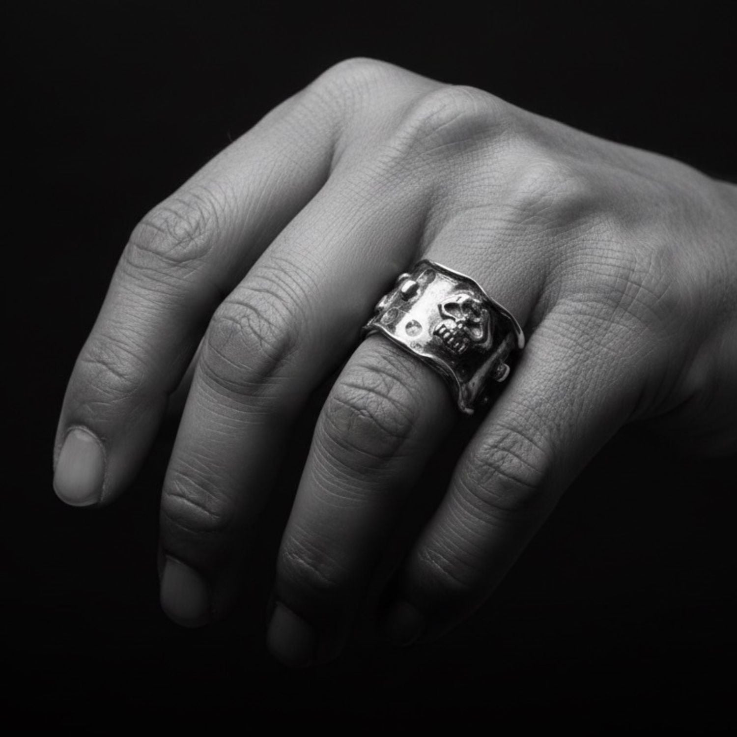 Sterling silver 925 skull and bones statement ring worn – bold gothic ring handcrafted in Cornwall by Tamara Gervasio, Tg-Jewellery