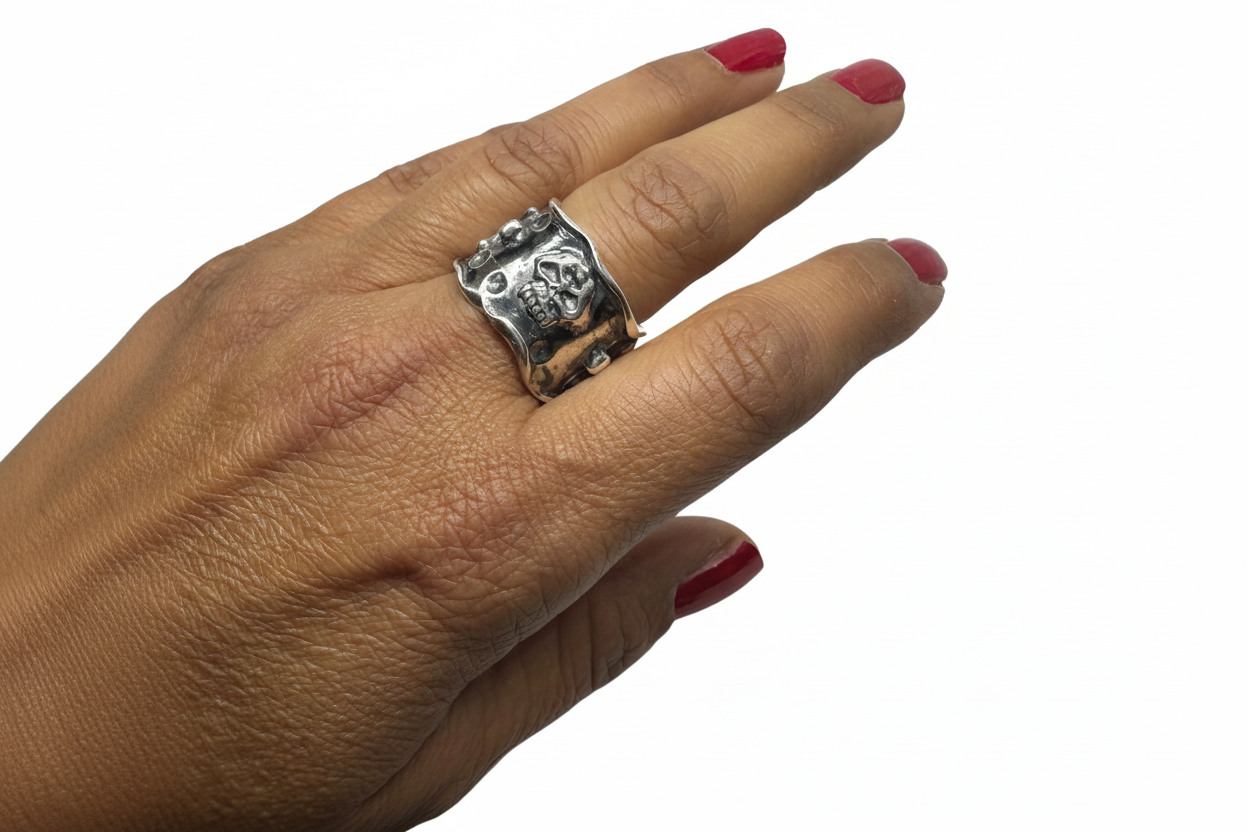 Sterling silver 925 skull and bones statement ring worn – bold gothic ring handcrafted in Cornwall by Tamara Gervasio, Tg-Jewellery