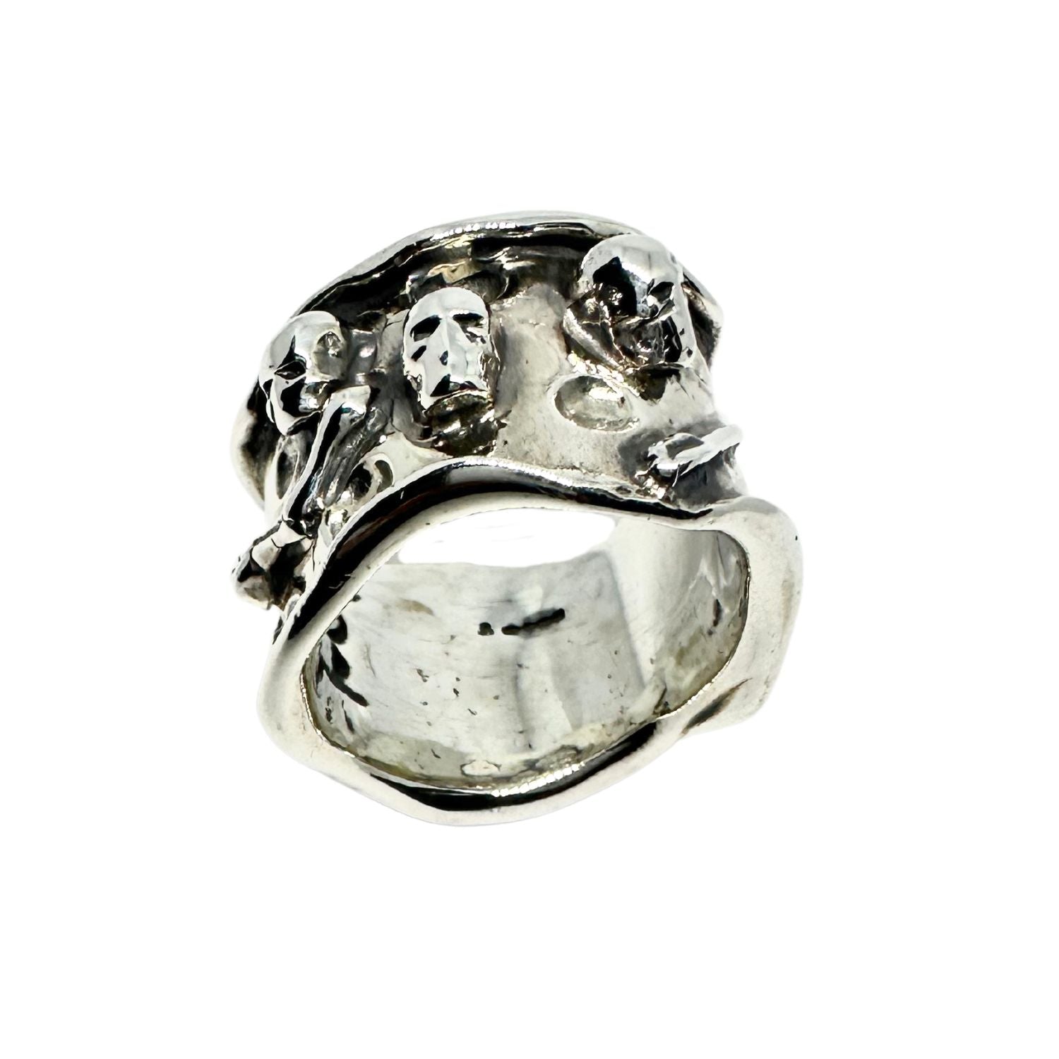 Hand carved sterling silver 925 skull face ring – 19.16mm wide, 23.5g, lost wax technique, UK hallmarked, handcrafted in Cornwall by Tamara Gervasio, Tg-Jewellery