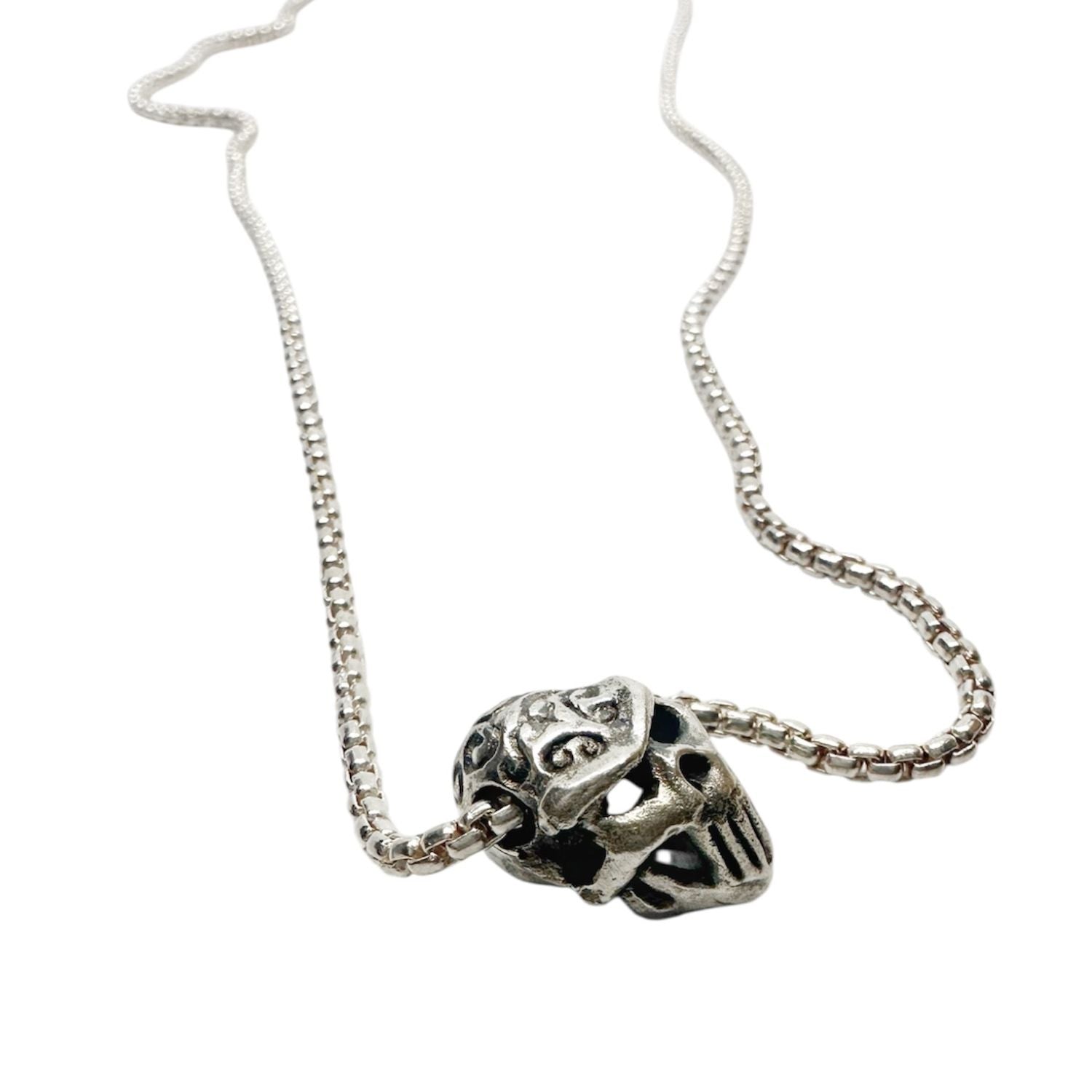 Tribal Skull Pendant Necklace in Sterling Silver 925 — Skull Pendant Close-Up — 10mm x 13.93mm — Hand Carved Lost Wax — 925 Stamp and TG Maker's Mark — Handmade in Cornwall by Tamara Gervasio