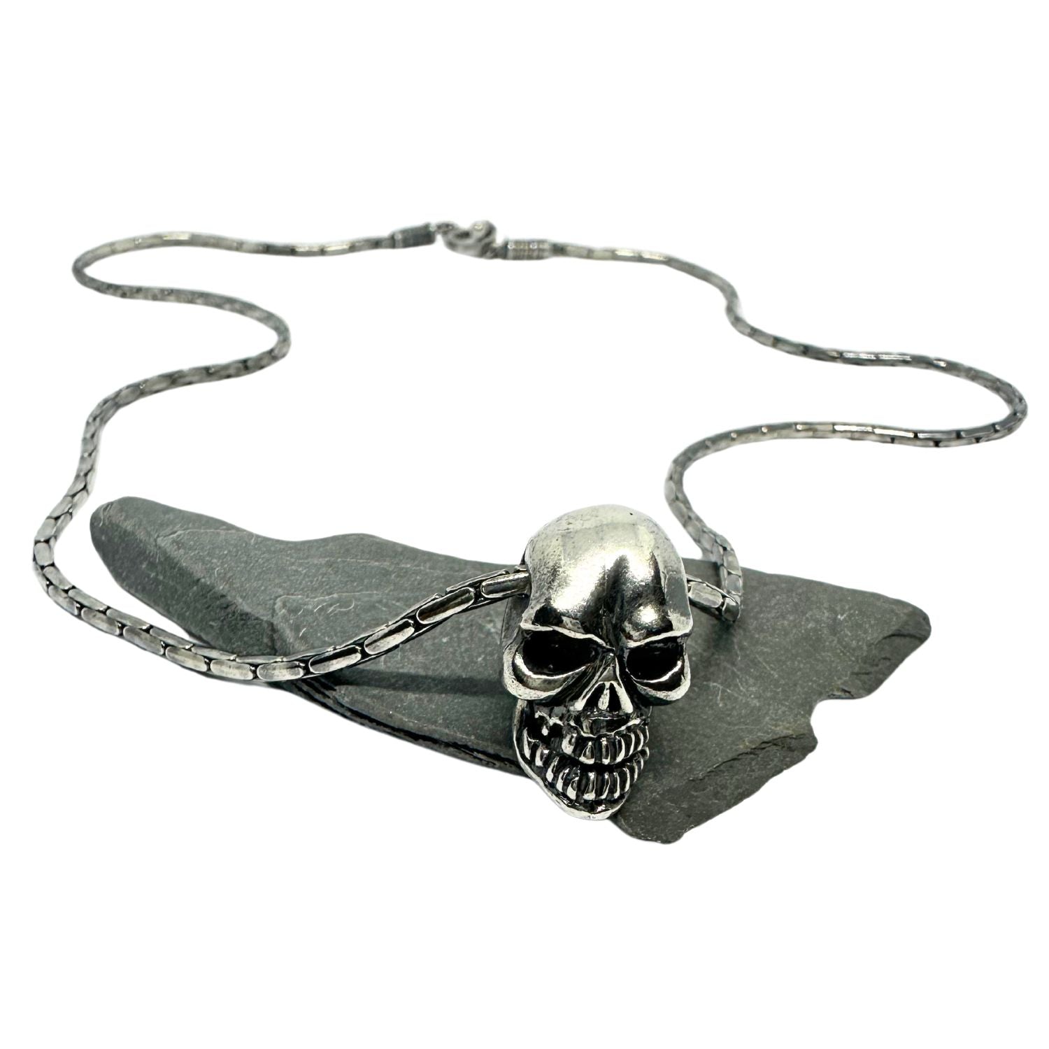 Skull Sliding Pendant Necklace in Sterling Silver 925 — Skull Pendant Close-Up — Hand Carved Lost Wax — UK Hallmark and TG Maker's Mark — Handmade in Cornwall by Tamara Gervasio