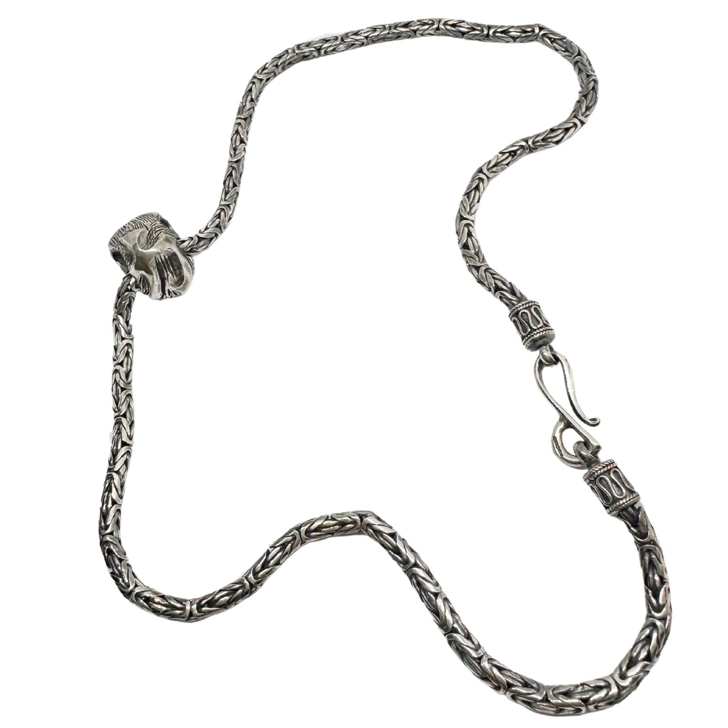 Japanese Power Skull Necklace in Sterling Silver 925 — Back Side Profile — Skull Pendant Depth and Relief Detail — Flat Byzantine Chain — Handmade by Tamara Gervasio