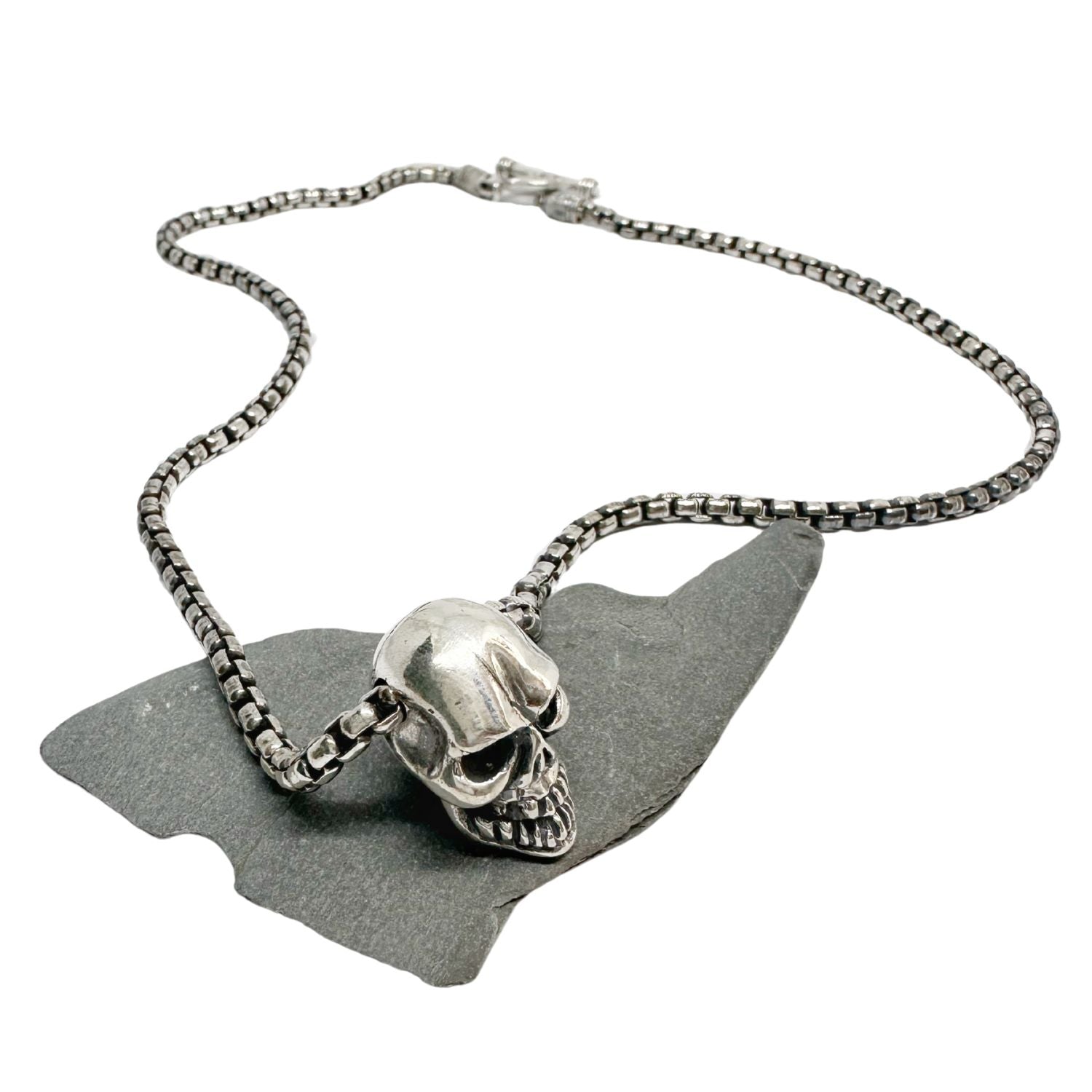 Skull Sliding Pendant Necklace in Sterling Silver 925 — Pendant and Box Chain Close-Up — 3.4mm Box Chain — Sliding Pendant Detail — Handmade in Cornwall by Tamara Gervasio