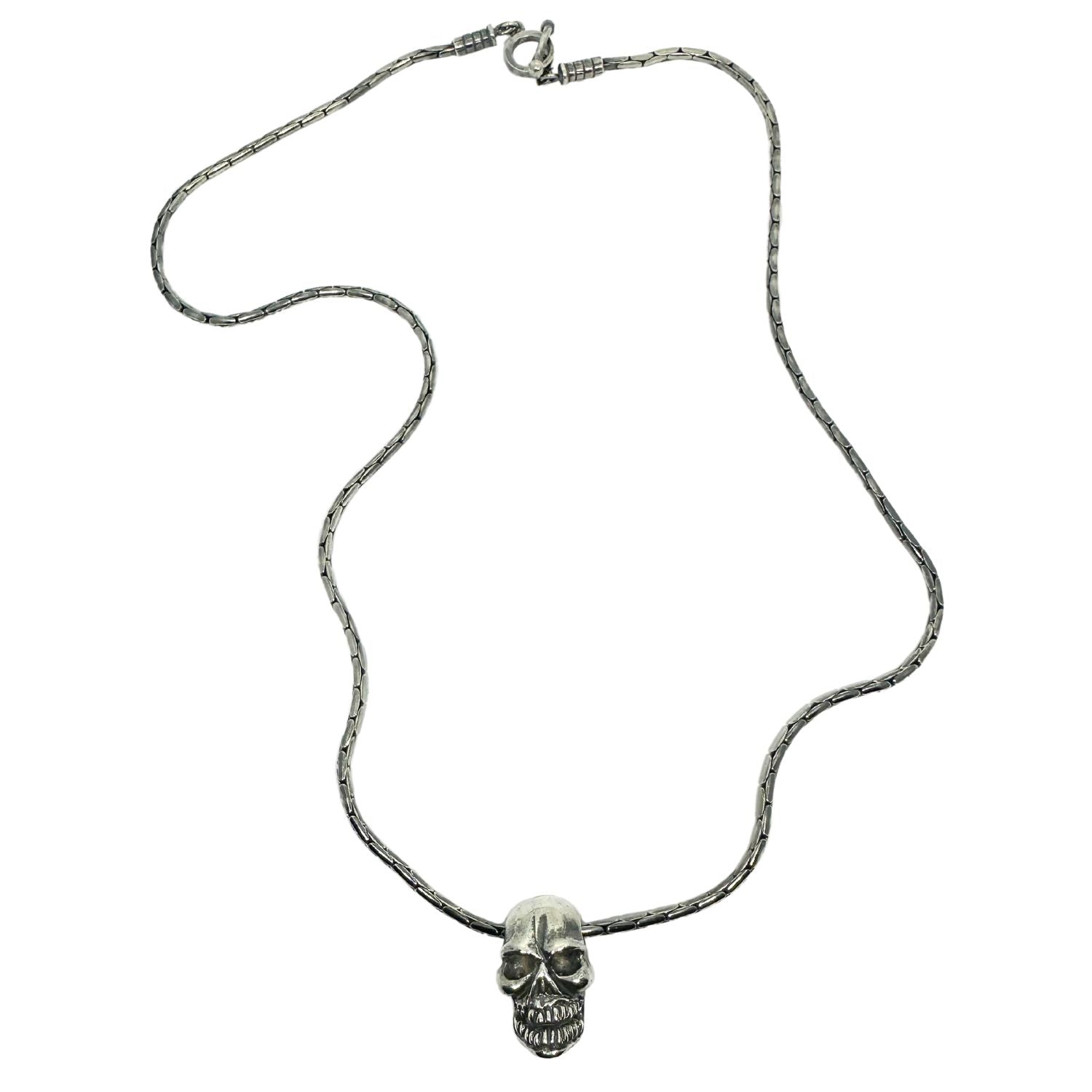Skull Sliding Pendant Necklace in Sterling Silver 925 — Full View — Hand-Carved Skull 14.2mm x 22.25mm Slides Freely on 2.17mm Paloma Chain 56cm — UK Hallmarked — Handmade by Tamara Gervasio
