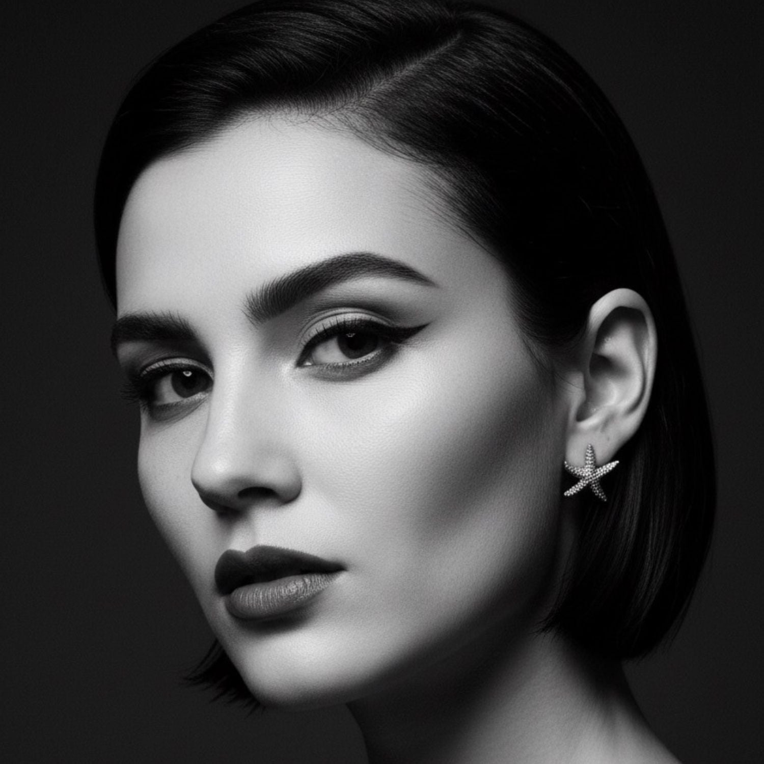 Black and white portrait of a woman wearing a seastar-shaped earring on a dark background