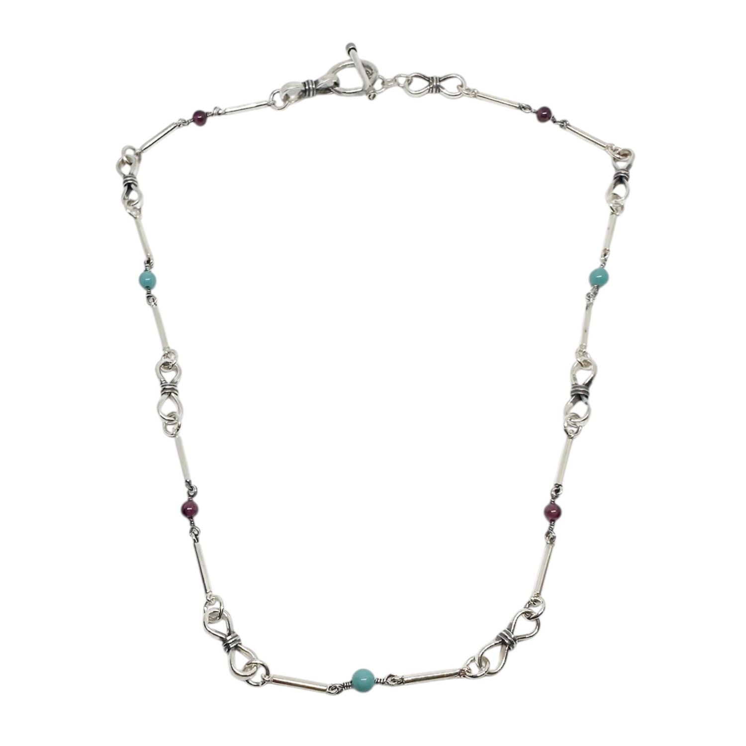 Sterling Silver 925 Necklace with Garnet and Turquoise Beads — Front View — One of a Kind — Handmade by Tamara Gervasio