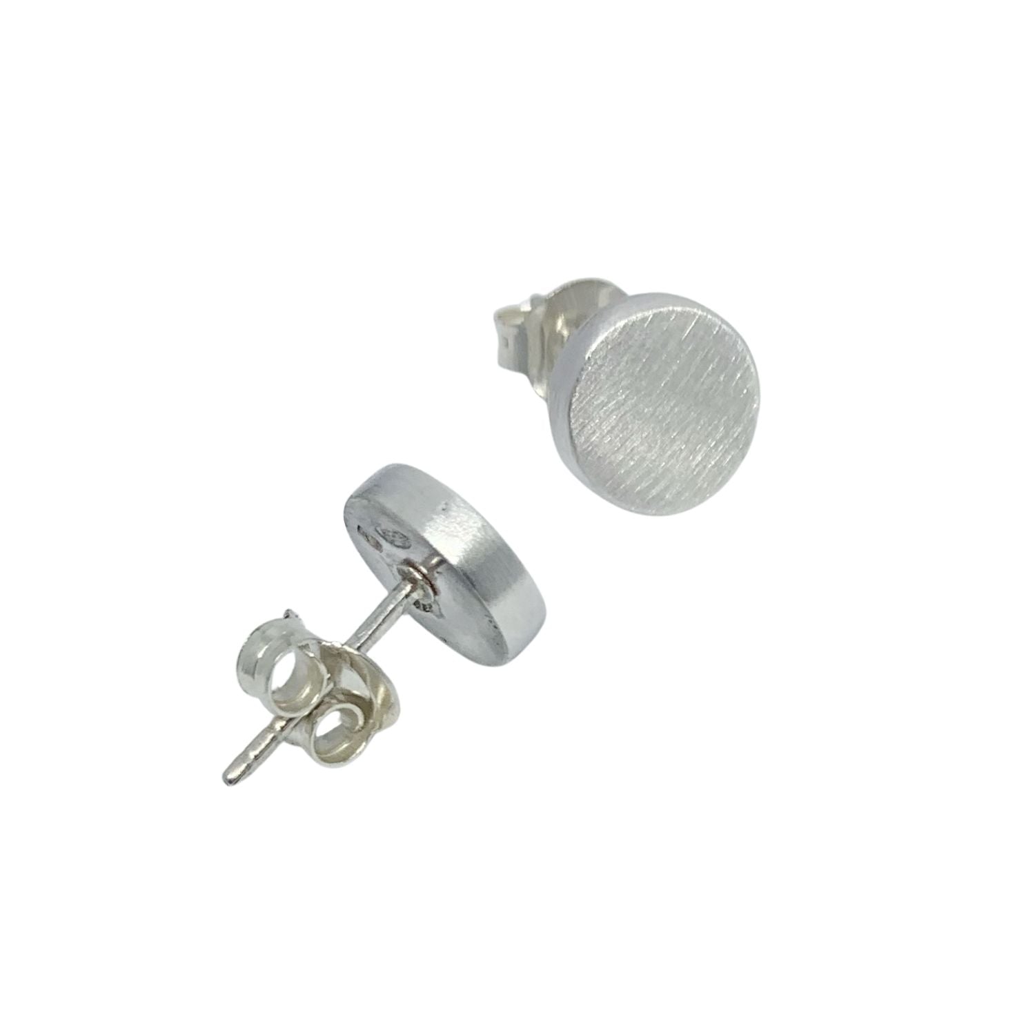 Sterling silver 925 circle stud earrings with satin finish, handmade in Cornwall