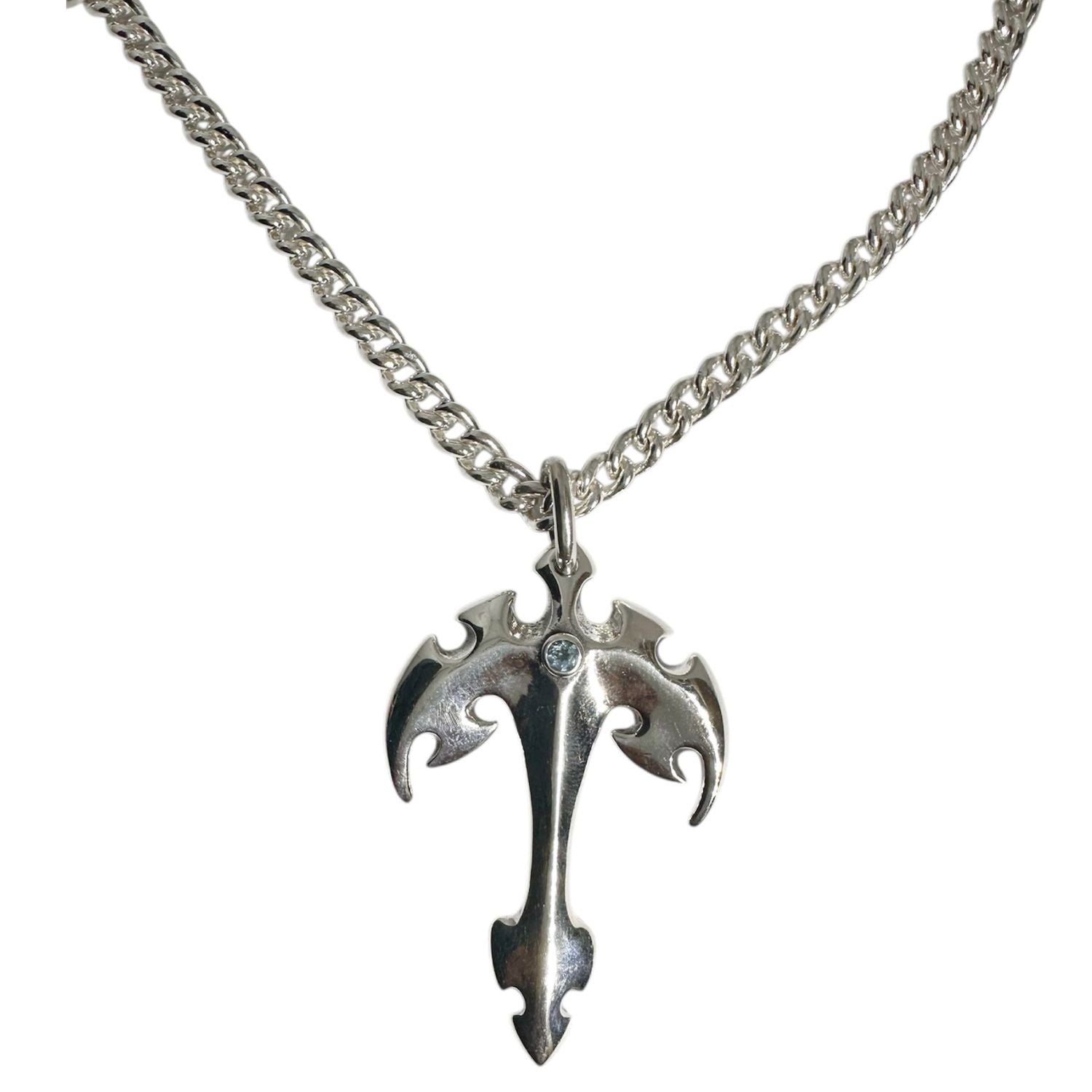 Tribal Cross Necklace in Sterling Silver 925 — Blue Topaz Centre Stone Detail — Lost Wax Carved Pendant — Archive Piece — Handmade by Tamara Gervasio