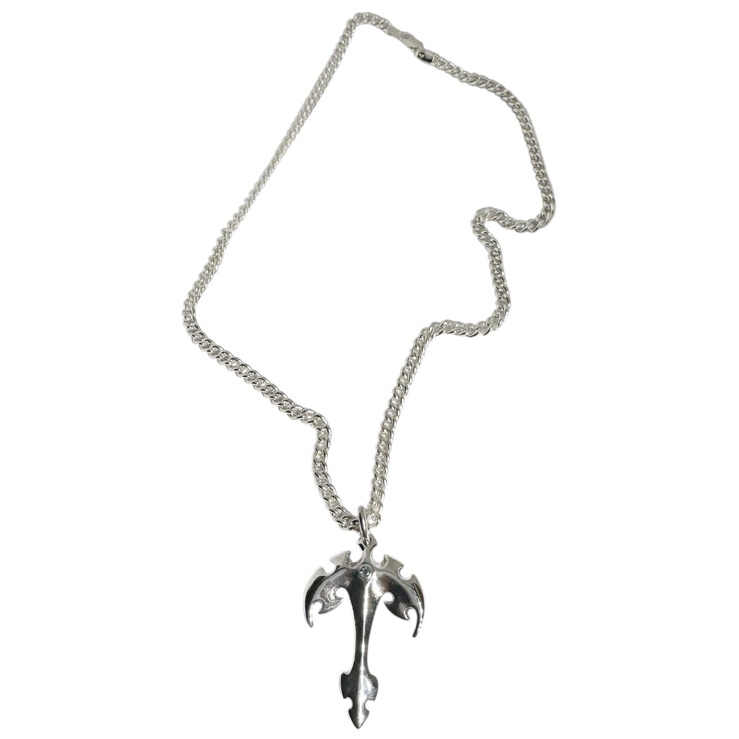 Tribal Cross Necklace in Sterling Silver 925 with Blue Topaz — Front View — Hand-Carved Pendant 58.5mm x 33.47mm — Archive Piece — Now in Billy Idol's Collection — Handmade by Tamara Gervasio