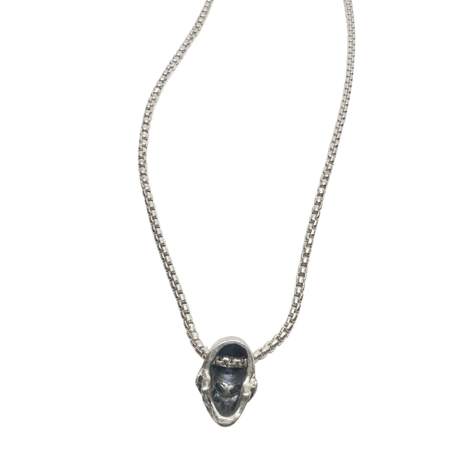 Tribal Skull Pendant Necklace in Sterling Silver 925 — Reverse View — 925 Stamp and TG Maker's Mark — Box Chain T-Bar Clasp Detail — Handmade in Cornwall by Tamara Gervasio
