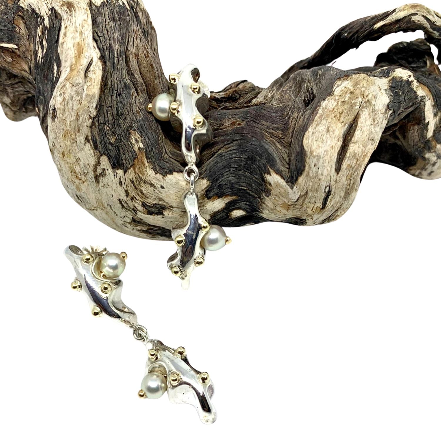 Sea Slug Sterling Silver, !8ct Yellow Gold Pearls Earrings