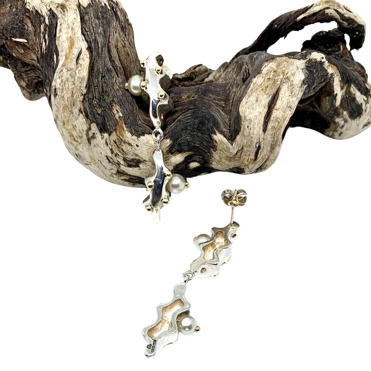 Sea Slug Sterling Silver, !8ct Yellow Gold Pearls Earrings