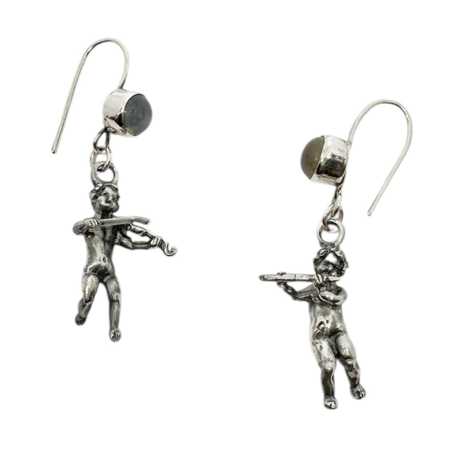 Violin and Flute Cherub Earrings in Sterling Silver 925 with Grey Cat's Eye Gemstones — Front View — One of a Kind — Handmade by Tamara Gervasio