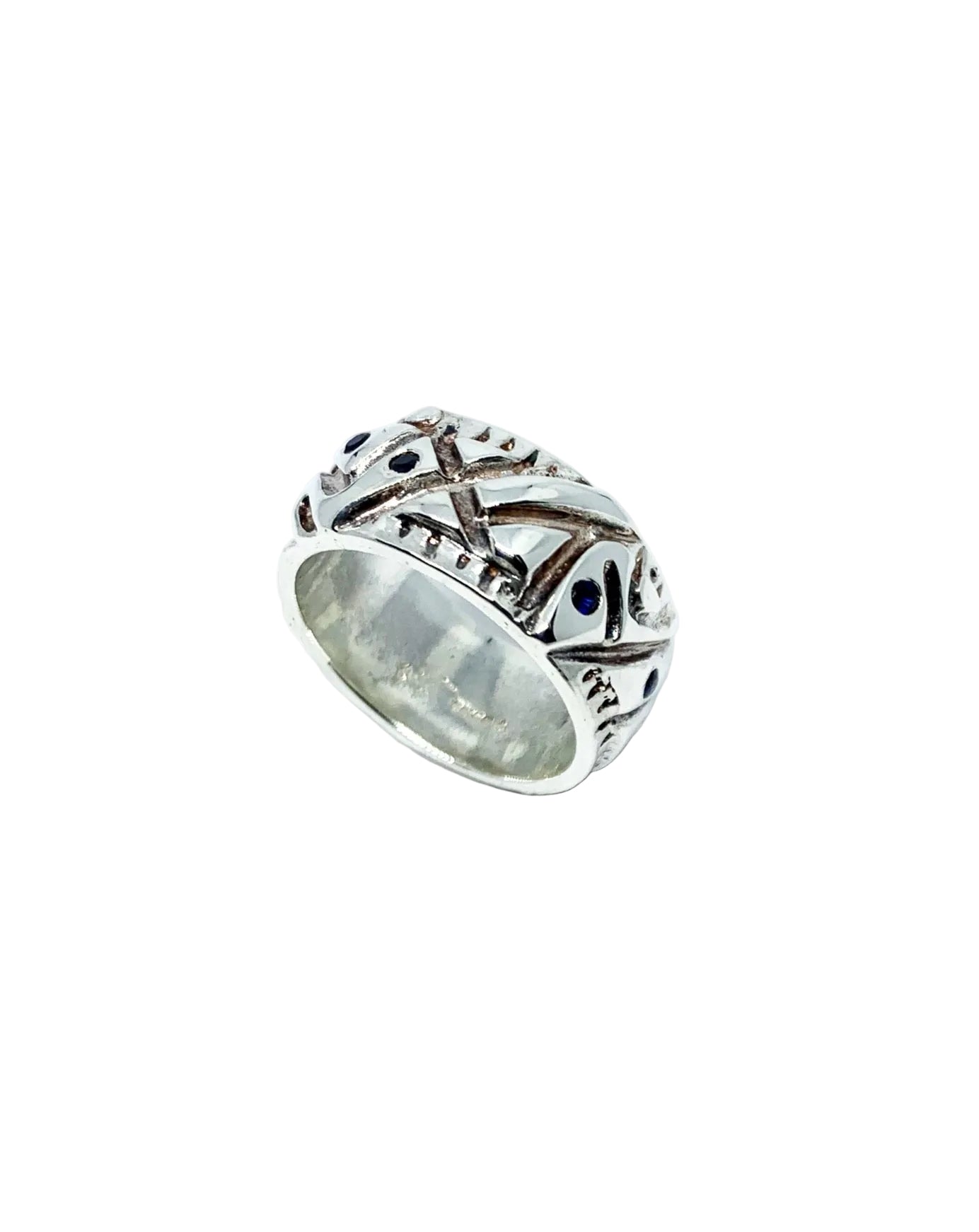 Sterling silver 925 abstract asymmetric men's ring set with 7 blue sapphires, lost wax cast, UK hallmarked - Tg-Jewellery By Tamara Gervasio