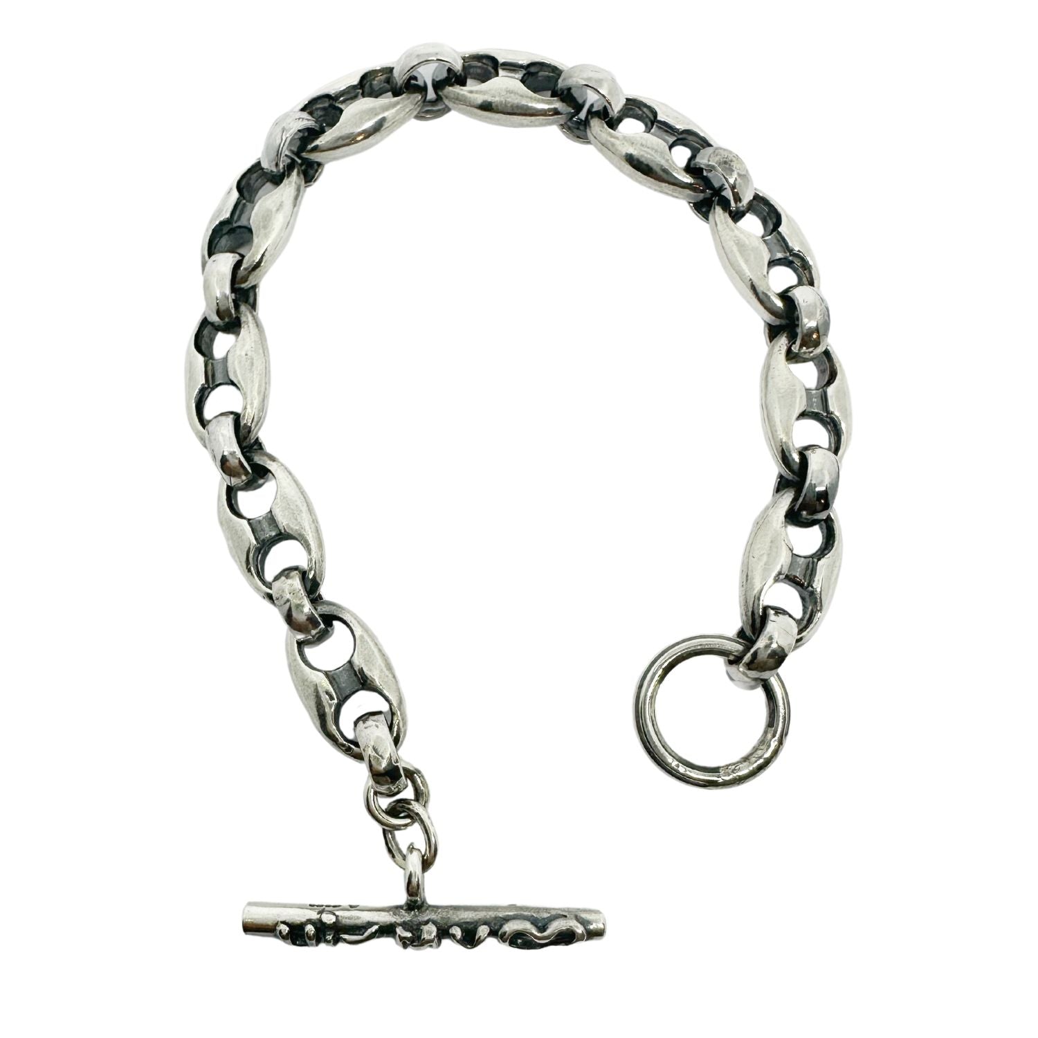 Close-up of sterling silver 925 Anchor Link Bracelet showing hand-carved anchor links and oxidised surface depth- Tg-Jewellery By Tamara Gervasio
