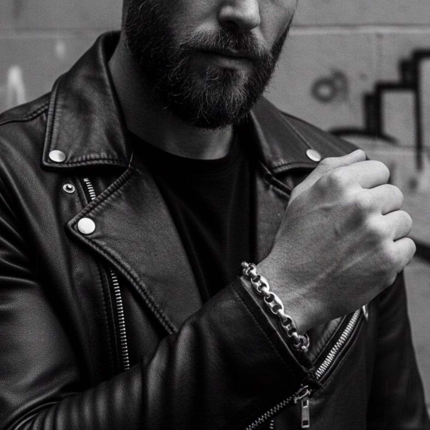 Model wearing sterling silver 925 Anchor Link Men's Bracelet, bold polished anchor link chain and substantial wrist presence