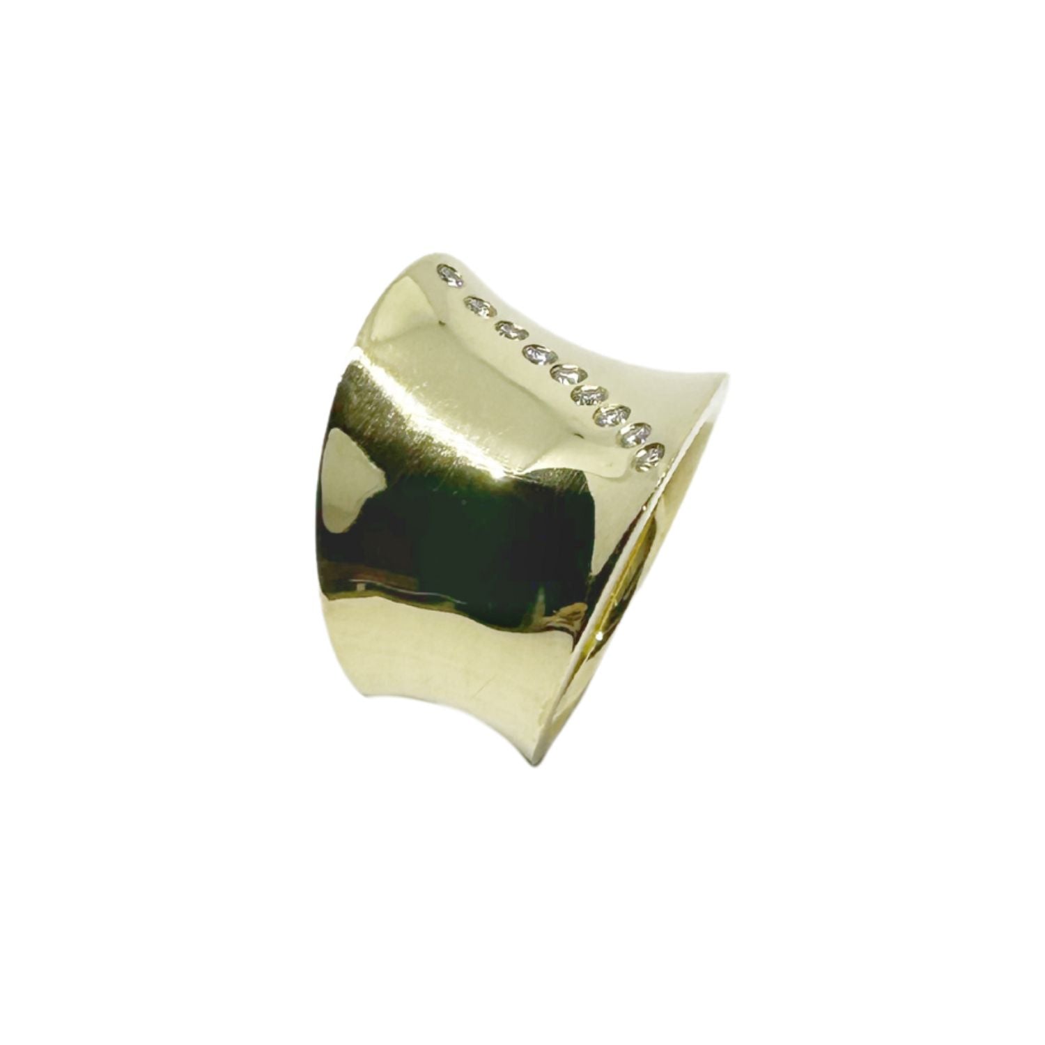 Handcrafted 18k yellow gold Onda ring with wave-inspired sculptural design, set with nine natural diamonds (total 0.12ct); wide, bold form with high-polish finish, 750 hallmarked and maker-stamped.