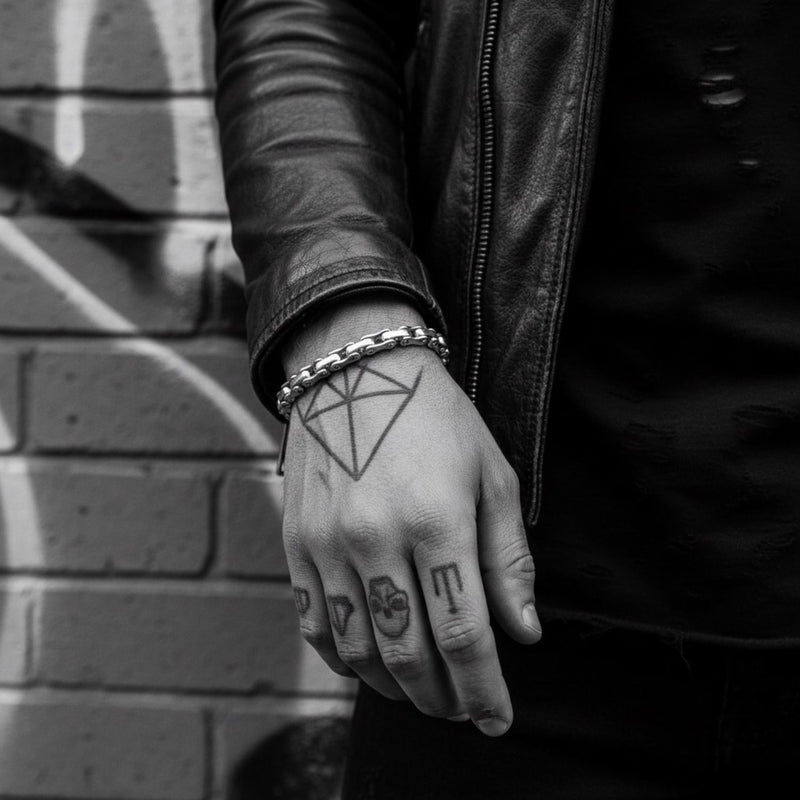 Model wearing sterling silver 925 Biker Link Bracelet, handcrafted chain links and brushed finish on wrist