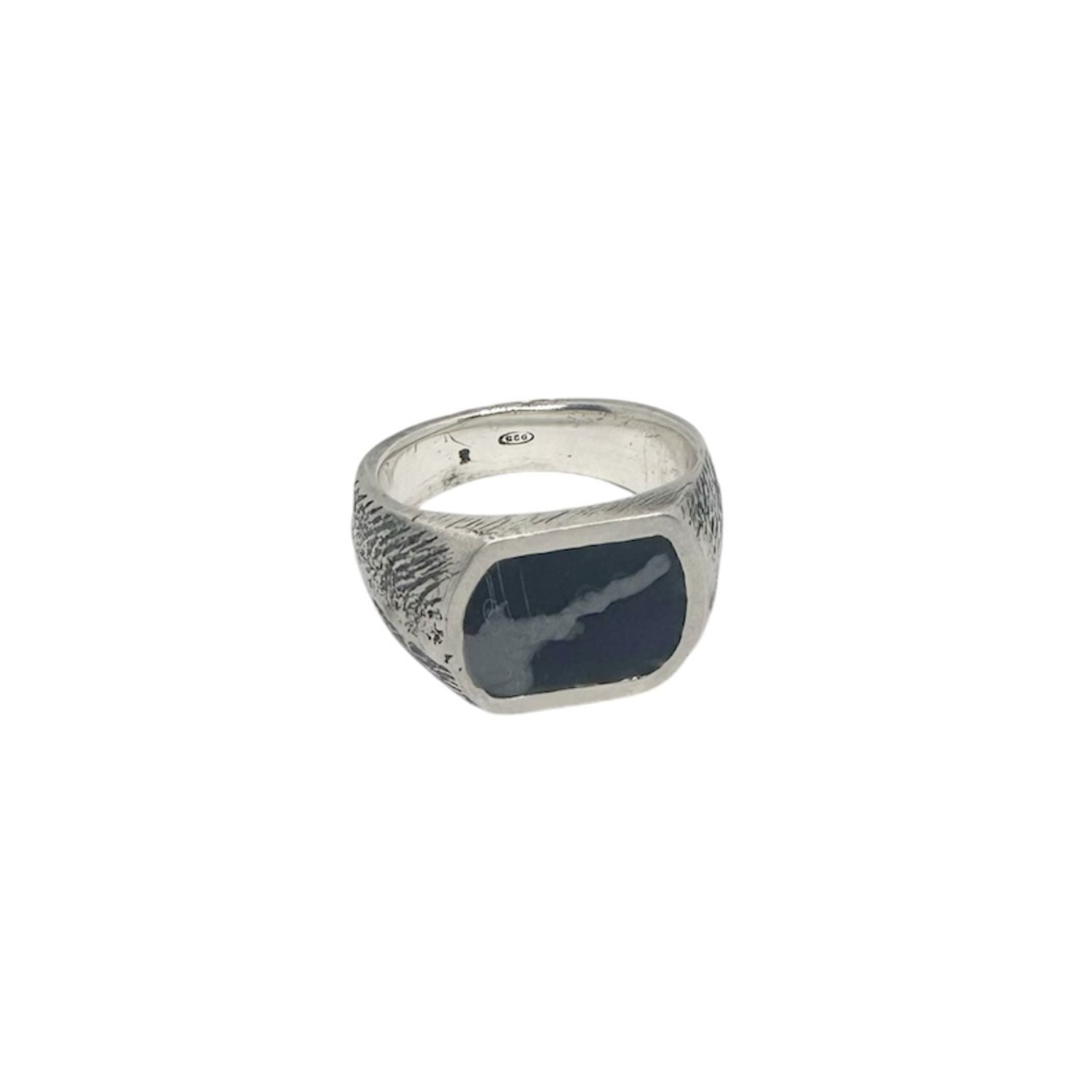 Black Trace Signet Ring side profile — satin brushed and oxidised sterling silver 925, Recast collection