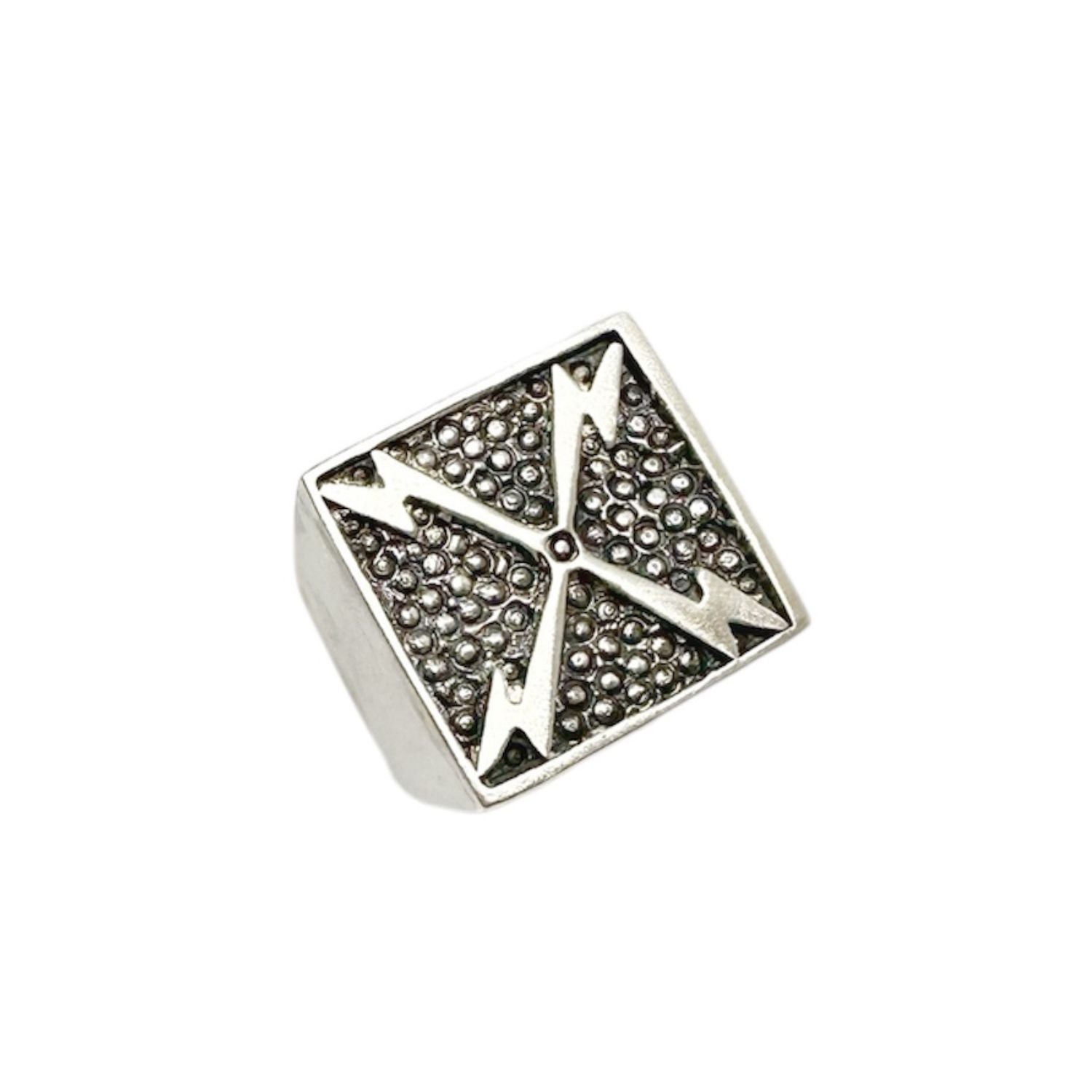 Angled view showing satin brush finish and architectural ring form, 27.9g
