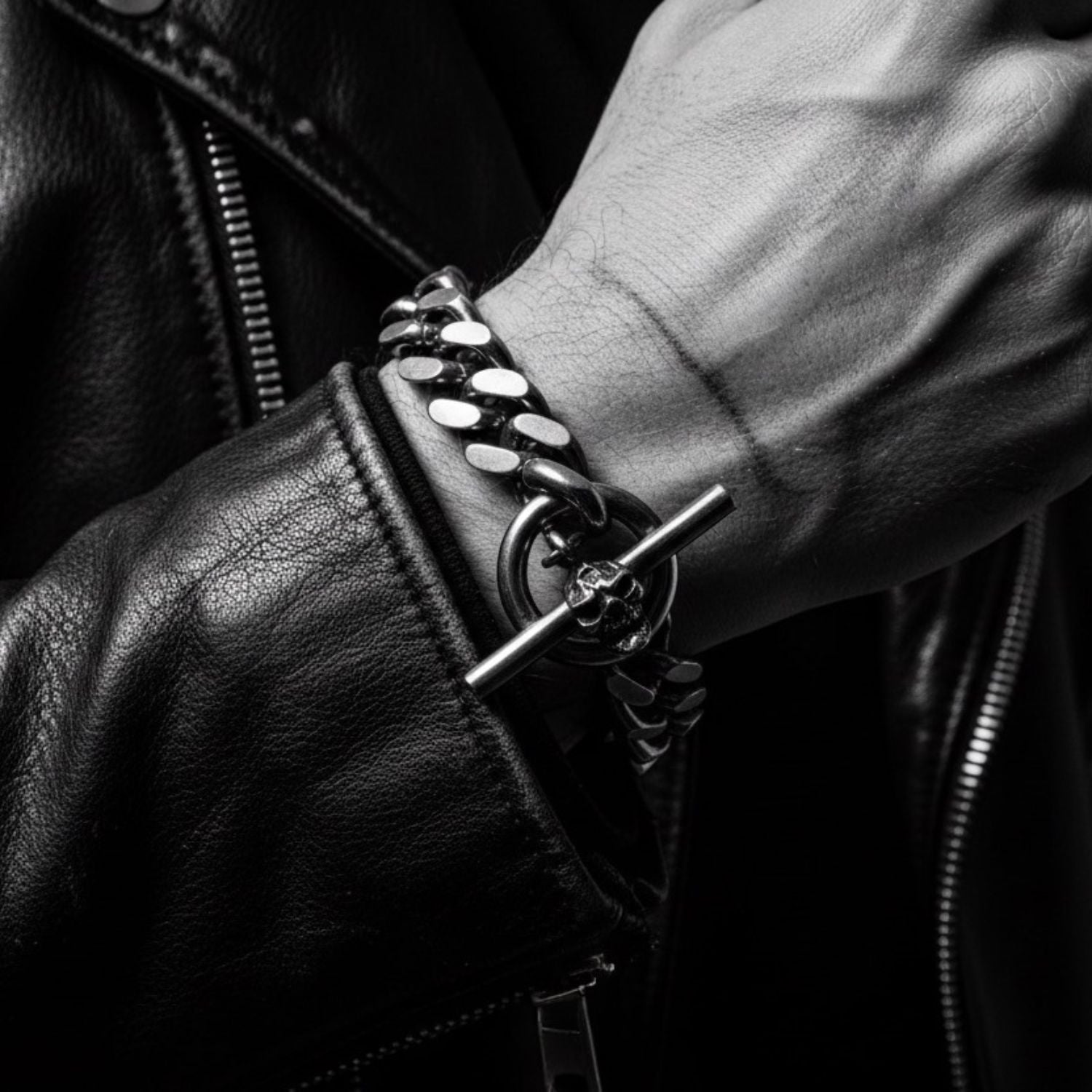 Skull Heavy Curb Chain Bracelet T-Bar Skull Japanese Power Sign – Sterling Silver 925