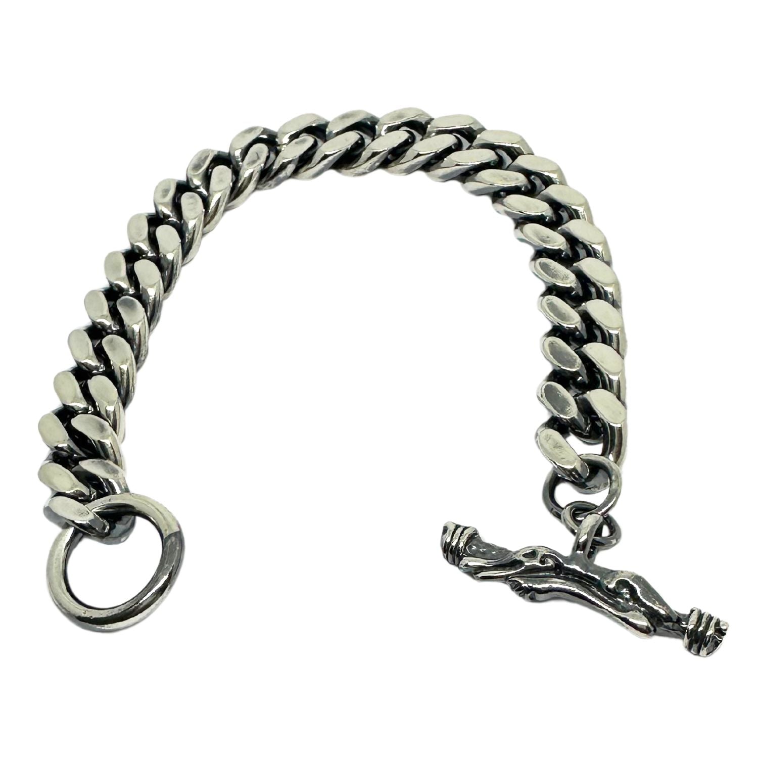 Full view of 12mm curb chain bracelet, 22.5cm, oxidised and polished silver, UK hallmarked - Tg-Jewellery By Tamara Gervasio