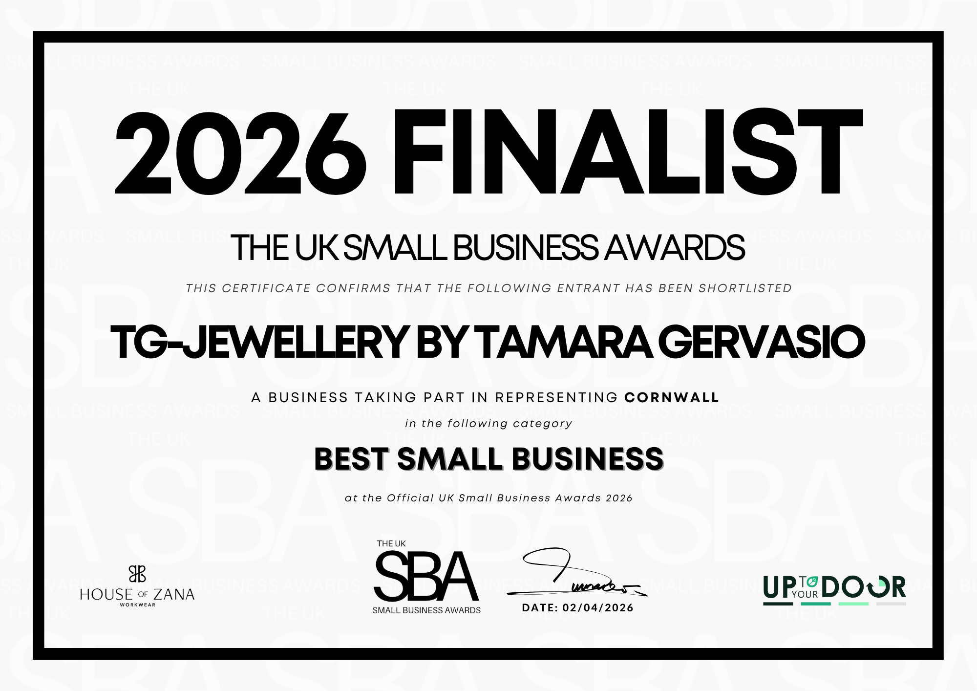 Certificate for TG-Jewellery by Tamara Gervasio shortlisted for Best Small Business at the 2026 UK Small Business Awards.