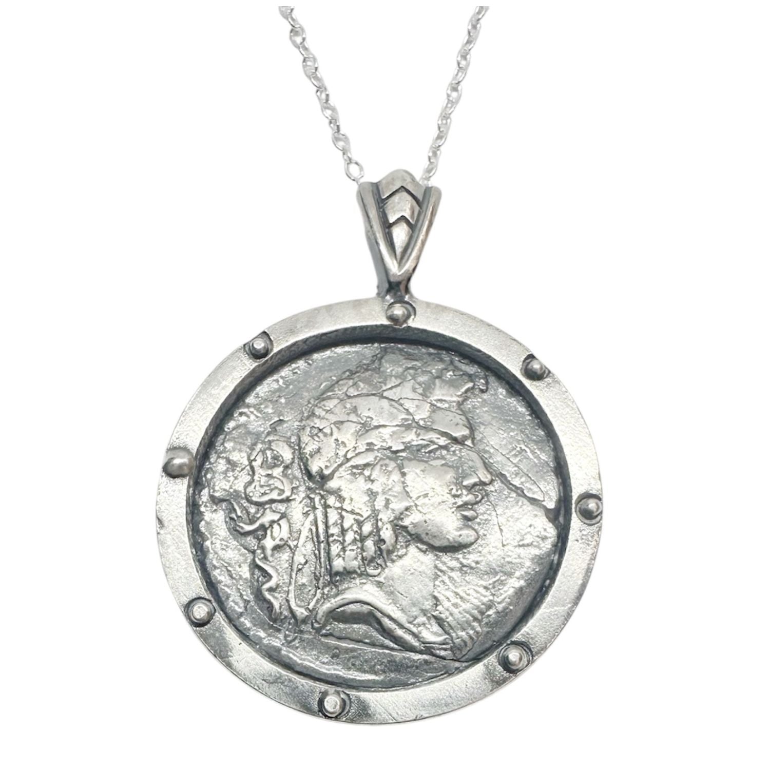One of a Kind Ancient Coin Pendant Necklace in Sterling Silver 925 — Coin Face Close-Up — Handmade by Tamara Gervasio