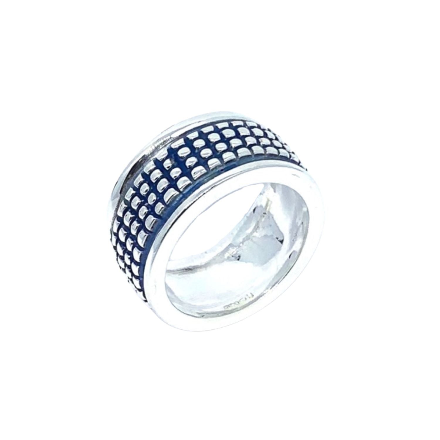 Men's sterling silver 925 crocodile texture ring with blue ceramic enamel, 11.49mm wide, handmade in Cornwall- Tg-Jewellery By Tamara Gervasio