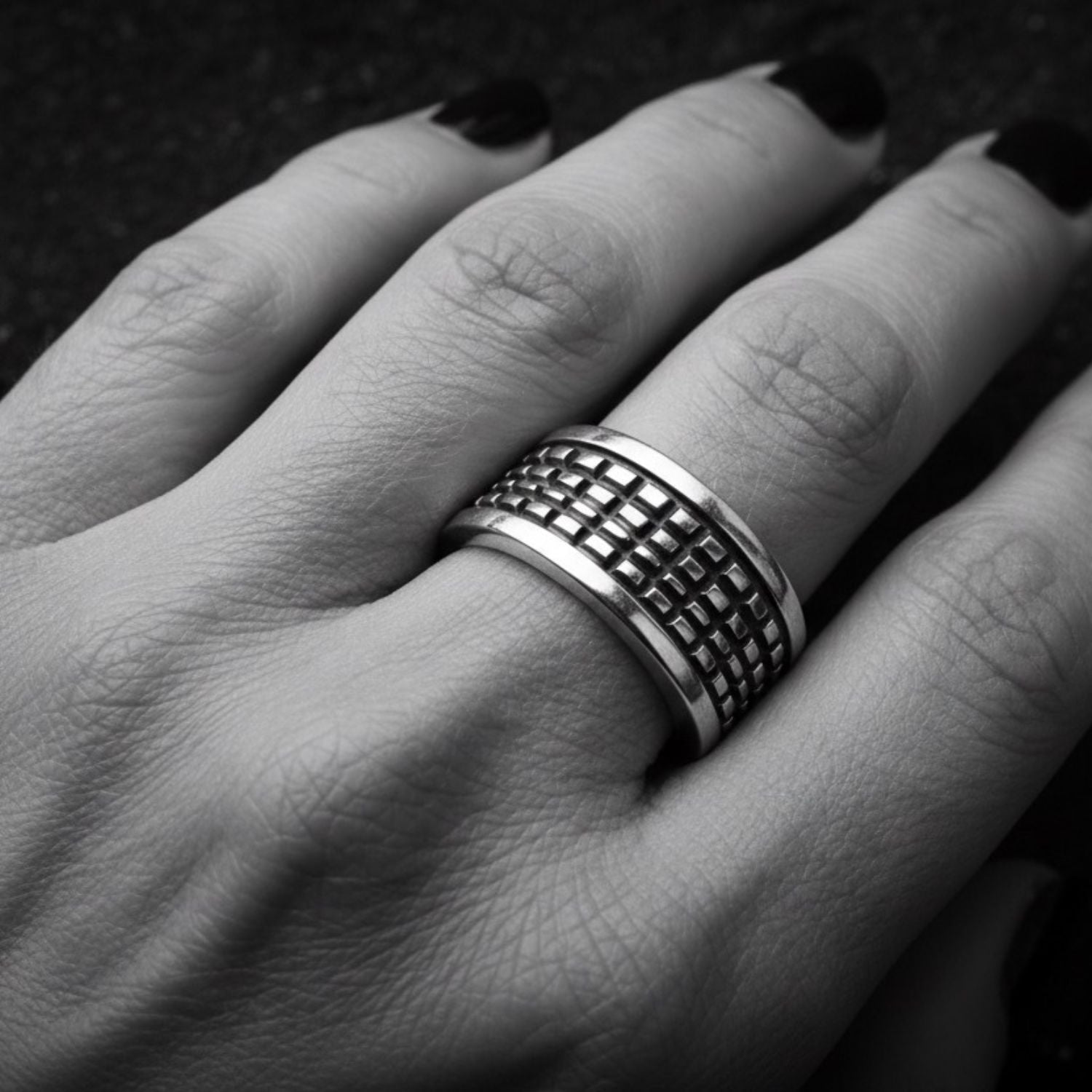 Model wearing sterling silver 925 crocodile ring with oxidised finish on dark background, bold sculptural presence