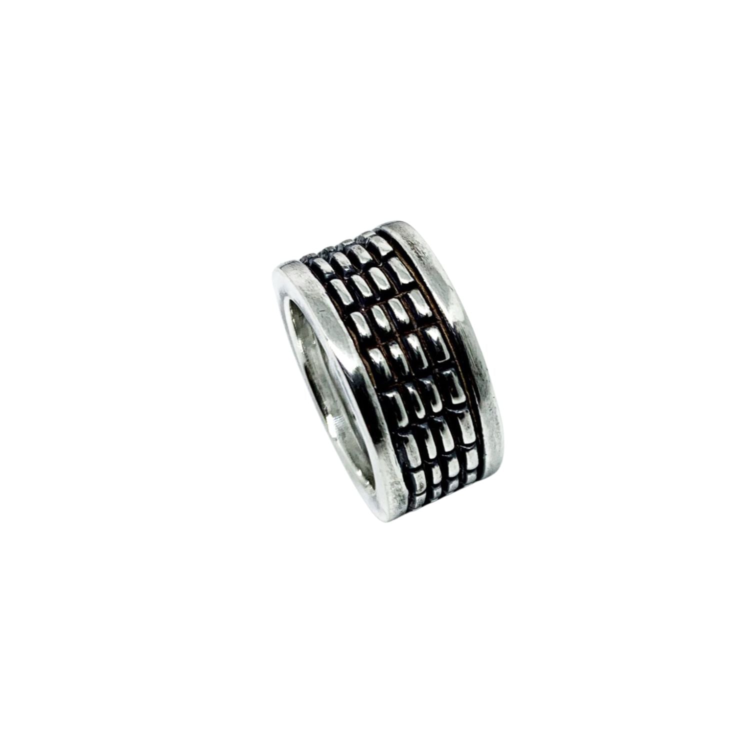 Sterling silver 925 crocodile texture ring with oxidised and polished finish, 11.62mm wide, handmade in Cornwall