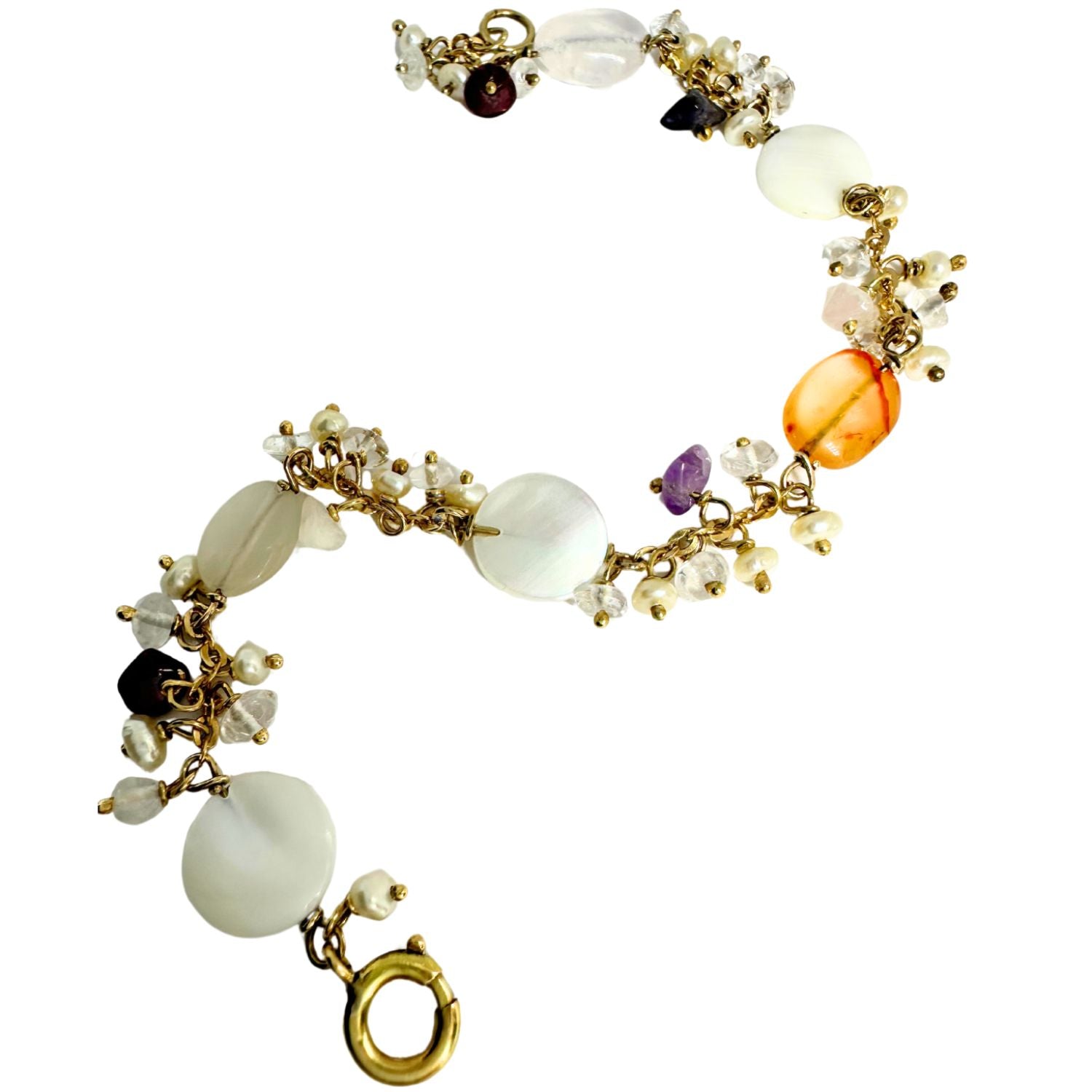 Detail shot of 18ct recycled yellow gold bracelet with natural multicoloured gemstone beads – part of the Ancient Relics Collection by Tg-Jewellery