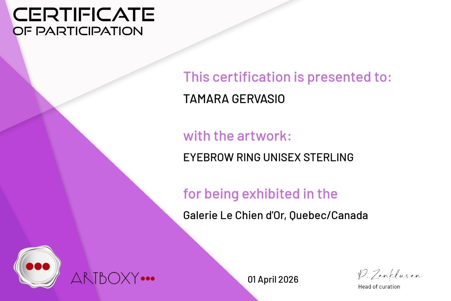 Digital exhibition certificate in Canada -Tg-Jewellery By Tamara Gervasio