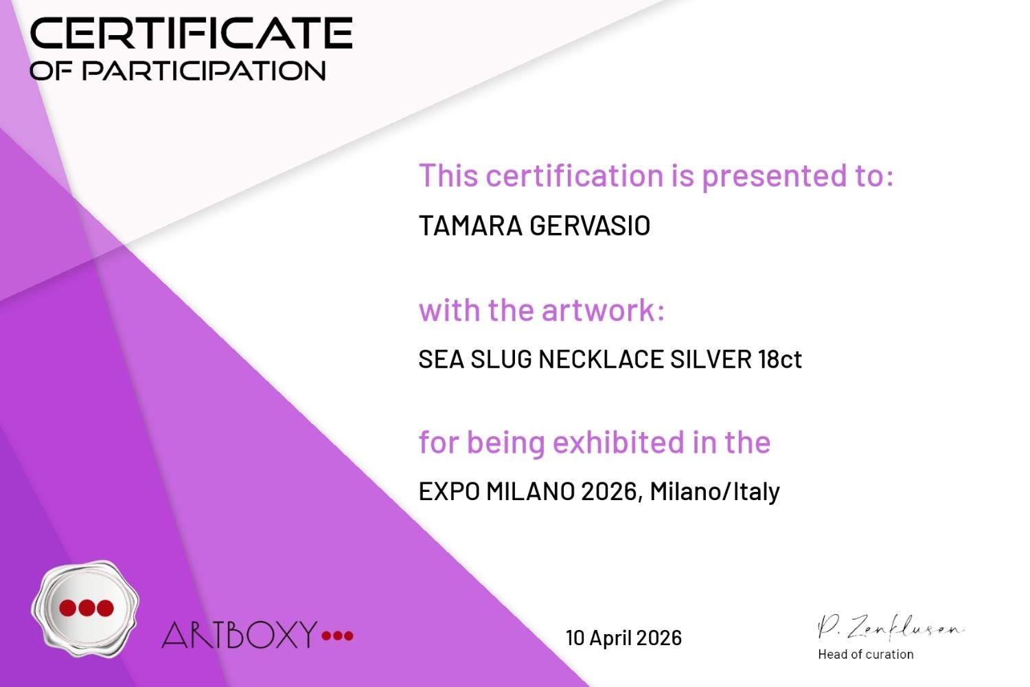 Certificate for being exhibited in the Expo Milano – Tg-Jewellery By Tamara Gervasio