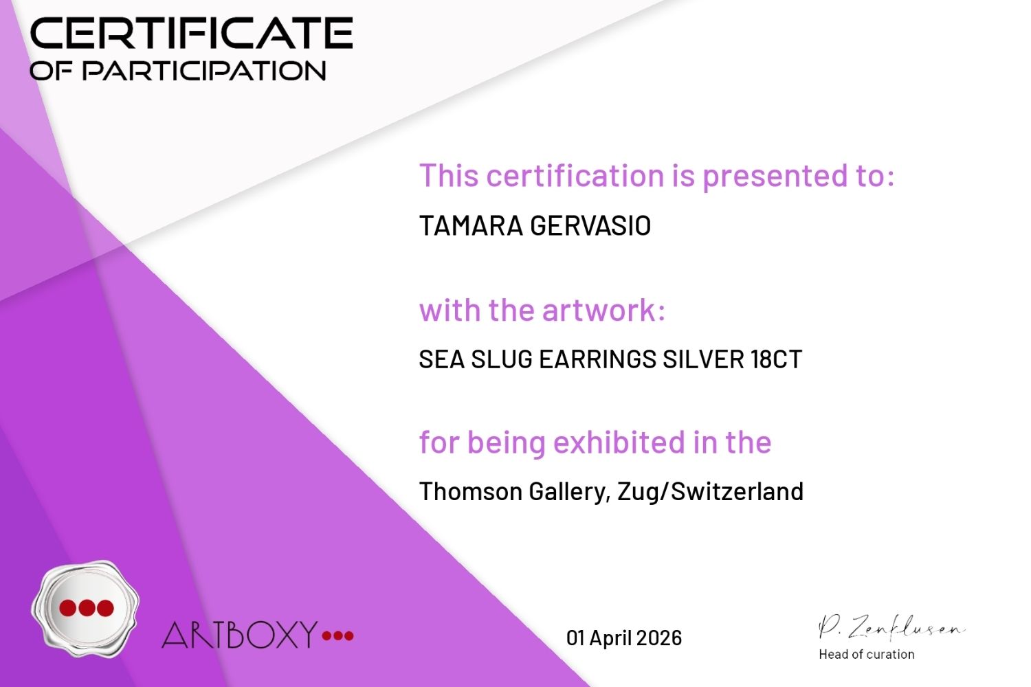 Certificate for being exhibited in Switzerland –Tg-Jewellery By Tamara Gervasio