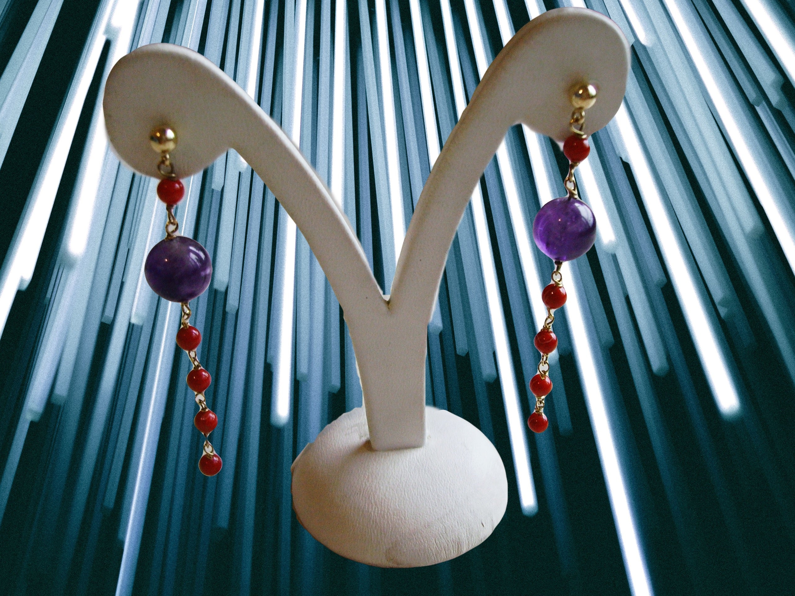 18K Recycle Yellow Gold Dangle Earrings with Coral & Amethyst – Recycled Gold, One of a Kind