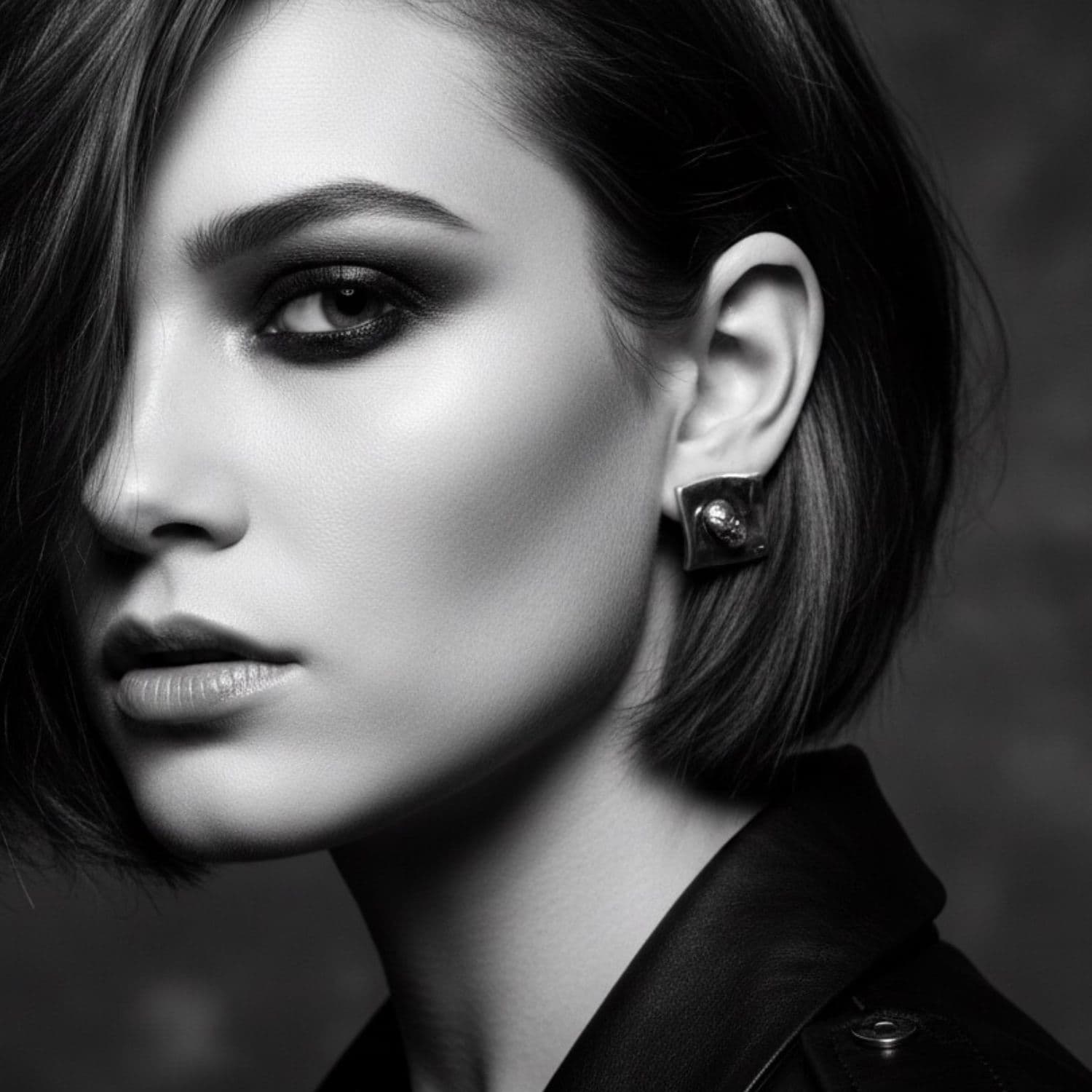 Black and white close-up of a woman wearing a skull stud earring 