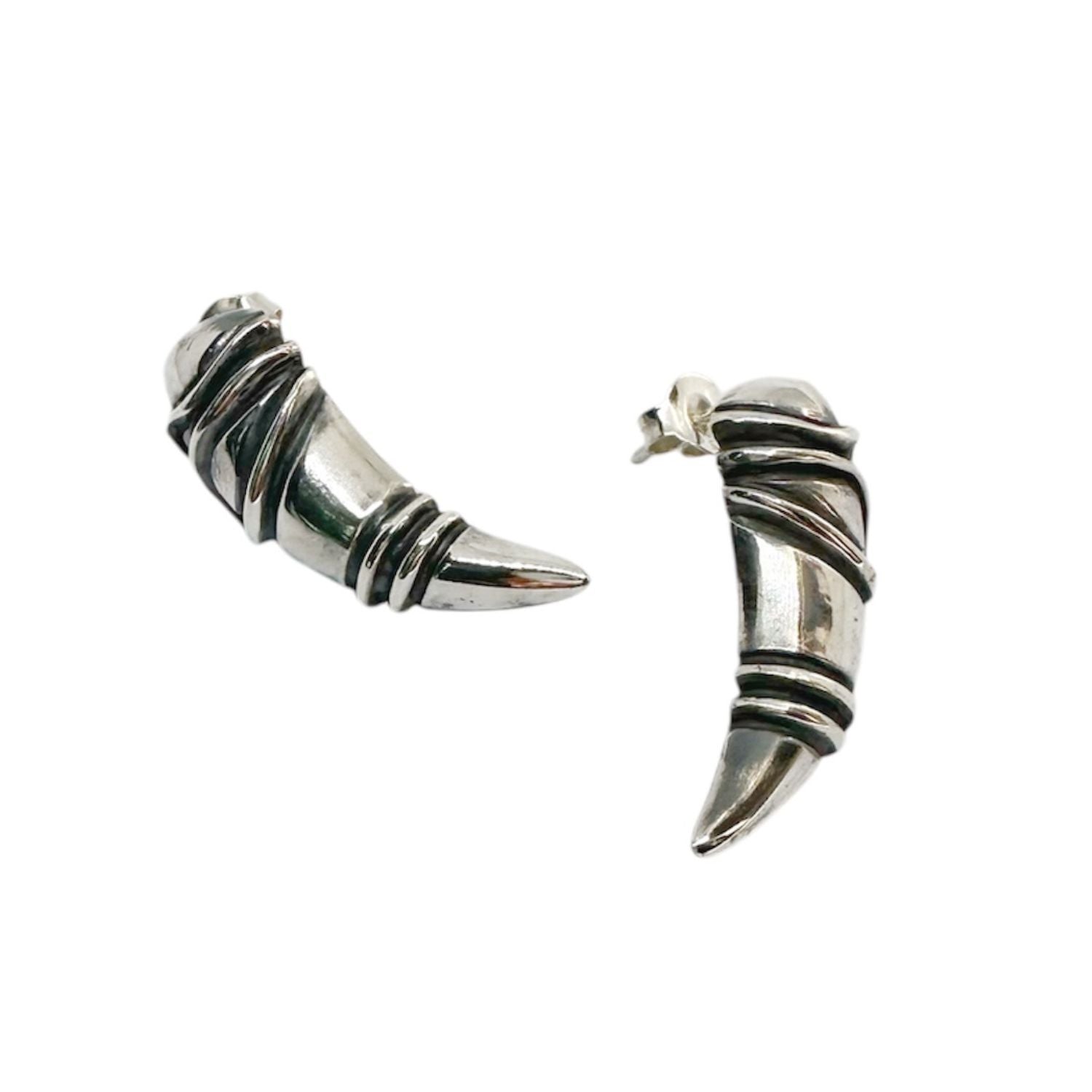Handcrafted sterling silver 925 eyebrow stud earrings lost wax carved polished and oxidised finish 32mm Abyss Collection - Tg-Jewellery By Tamara Gervasio
