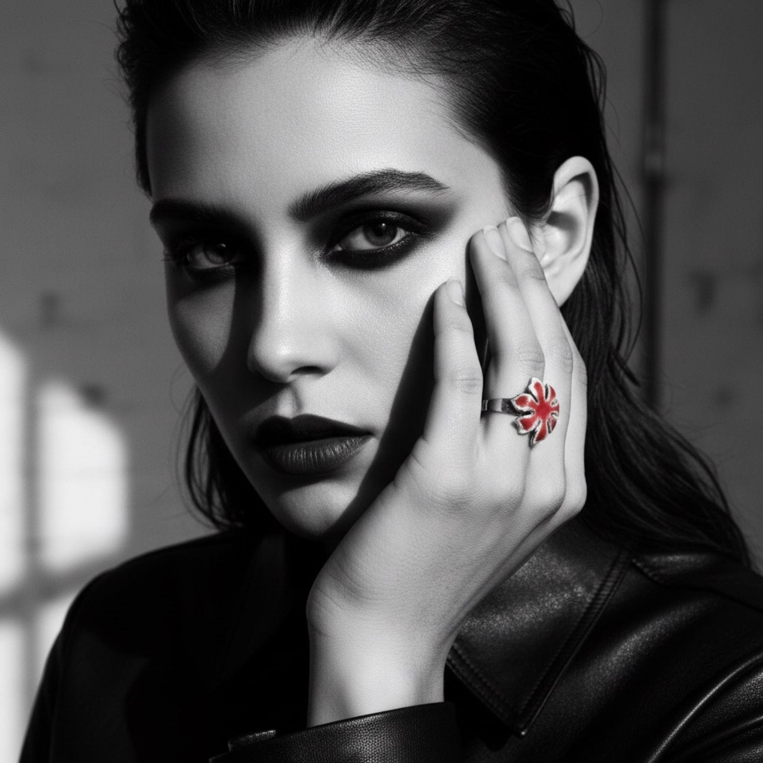 Flower enamel ring worn on hand showing scale and sculptural form – TG-Jewellery by Tamara Gervasio