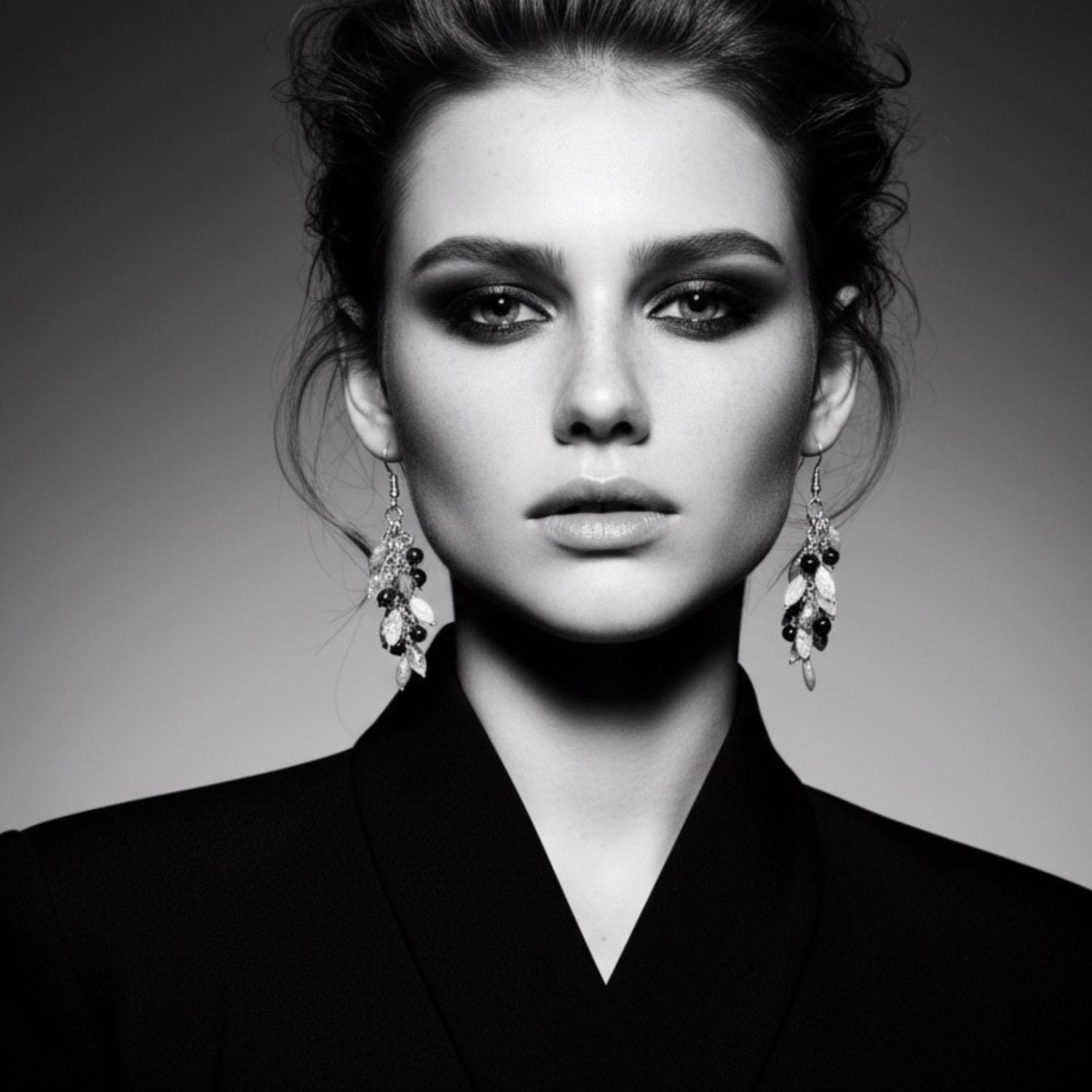 Model wearing Grappolo sterling silver drop earrings with freshwater pearls, amethyst and iolite – TG-Jewellery