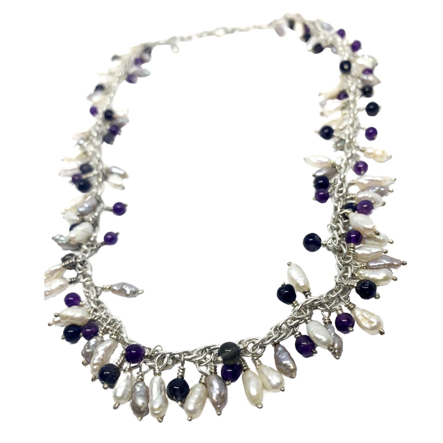 Full view of handcrafted Grappolo gemstone necklace in sterling silver 925 laid flat – TG-Jewellery- Tg-Jewellery By Tamara Gervasio