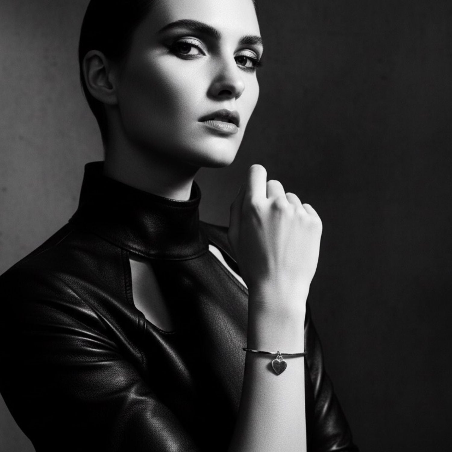 Model wearing recycled sterling silver heart charm bangle – TG-Jewellery