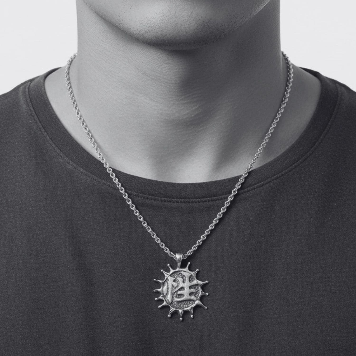 Japanese symbol pendant necklace worn on model, back view showing Sex symbol – TG-Jewellery
