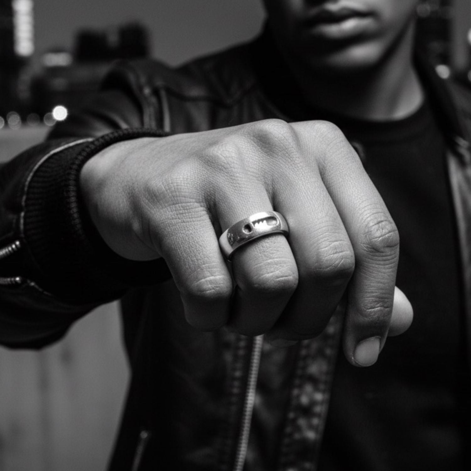 Man wearing sterling silver 925 Key to Silence ring, bold symbolic statement presence on hand