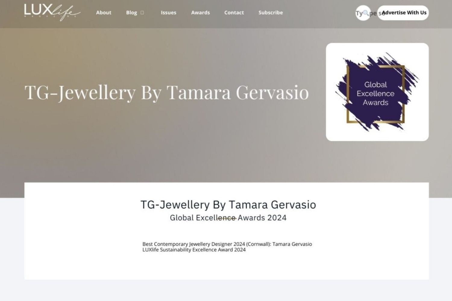 LUXlife website banner for 'TG-Jewellery By Tamara Gervasio'  award badge for the Global Excellence Awards 2024
